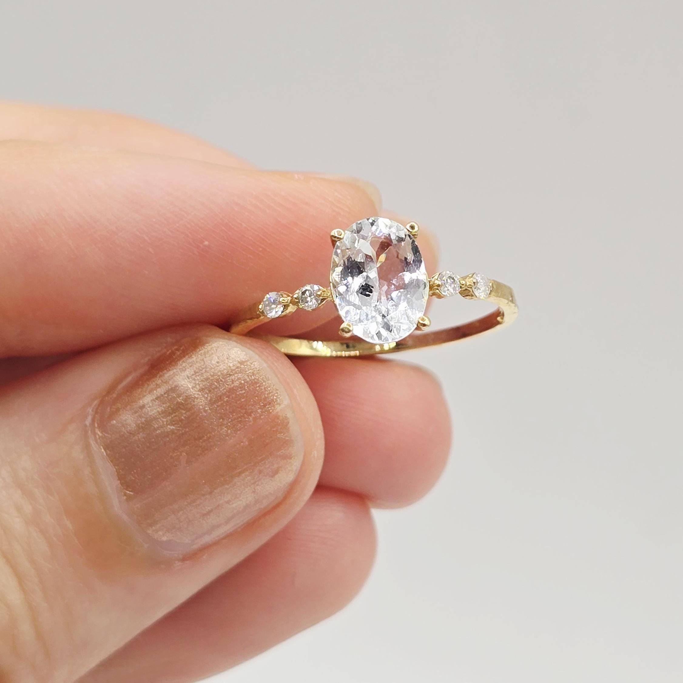 10K Gold Green Tourmaline Ring with Diamonds, Oval Gemstone Promise Ring