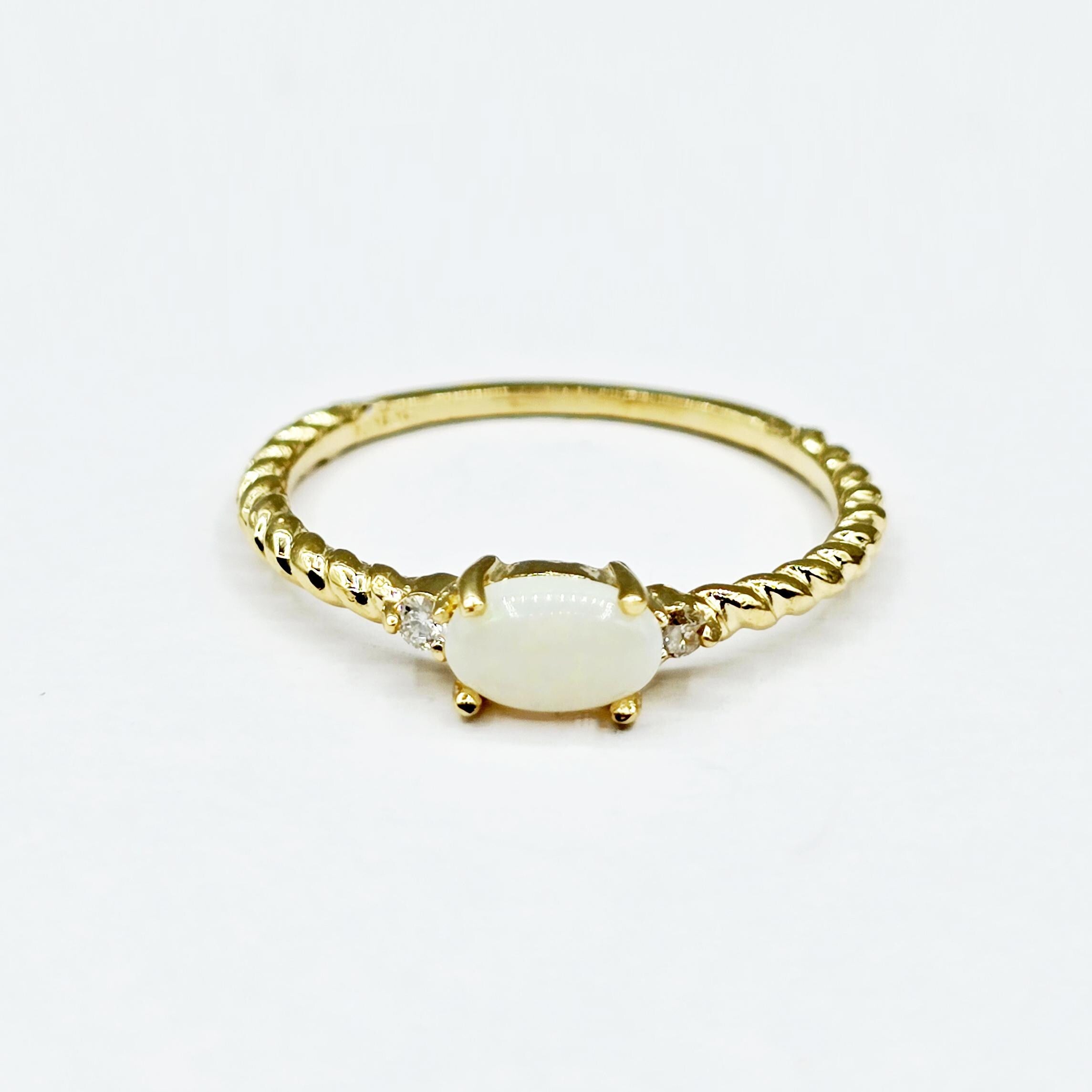 10K Gold Ring, Genuine Gemstone 6x4mm, Diamond Accent, Dainty Fine Jewelry