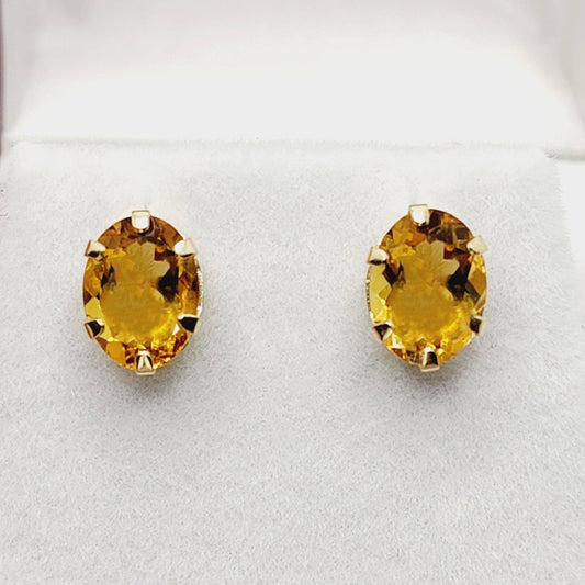 10K Yellow Gold Citrine Stud Earrings, November Birthstone 8x6mm, Birthday Gift for Women