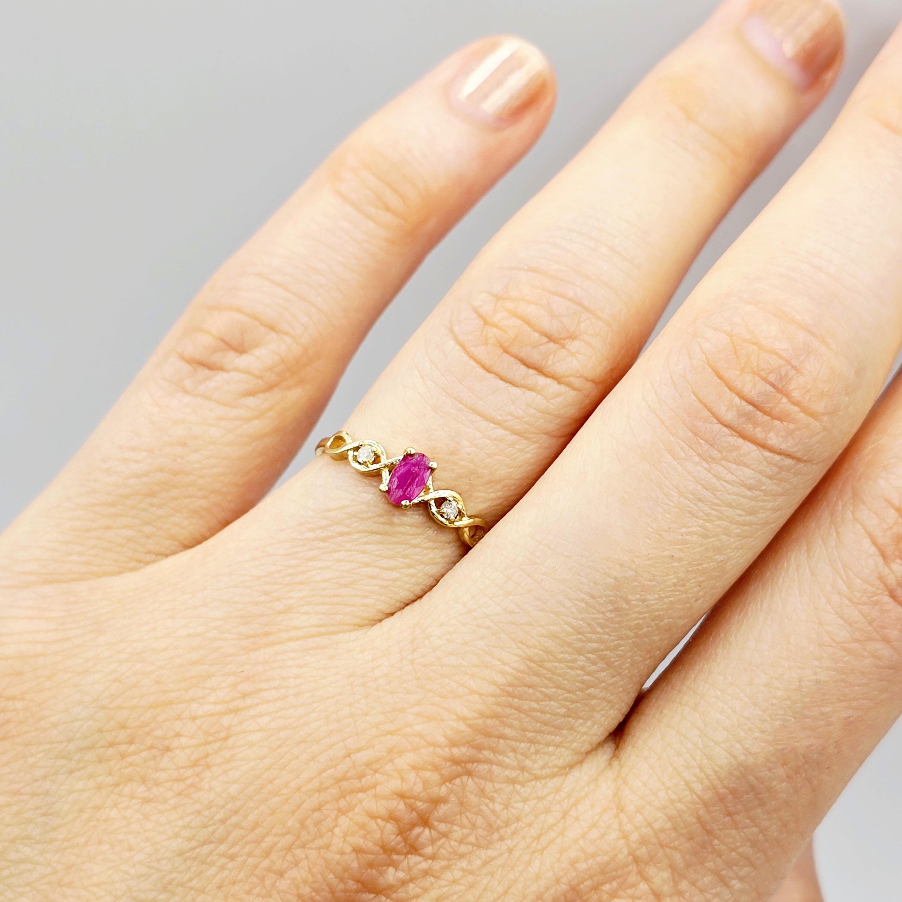 10K Gold Dainty Ring, 5x3mm Oval Gemstone & Diamond Accents