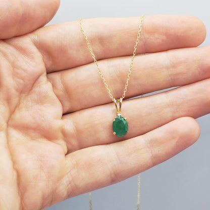 10K Yellow Gold Emerald Pendant Necklace, May Birthstone 8x6mm