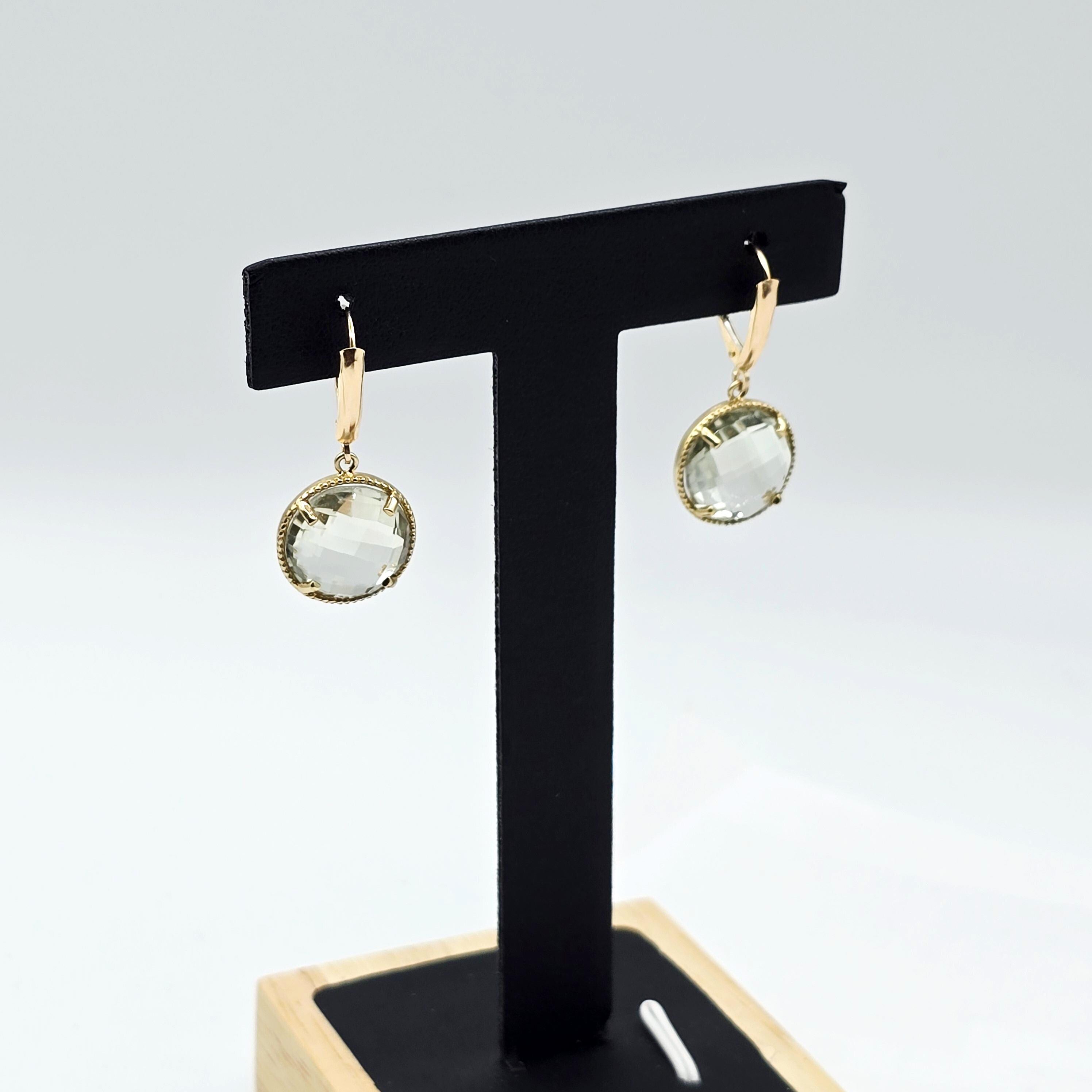 10K Yellow Gold Green Amethyst Dangle Earrings