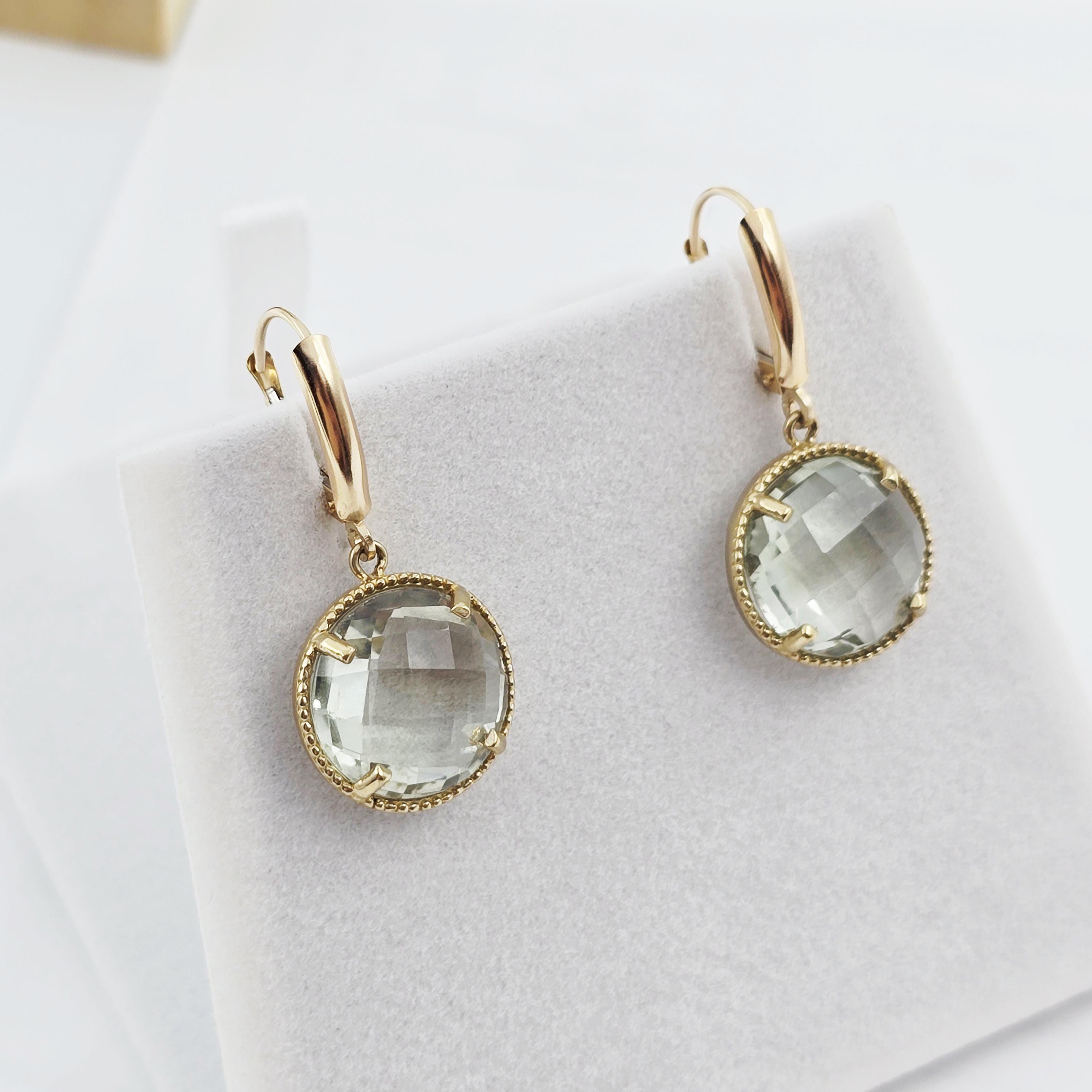 10K Yellow Gold Green Amethyst Dangle Earrings