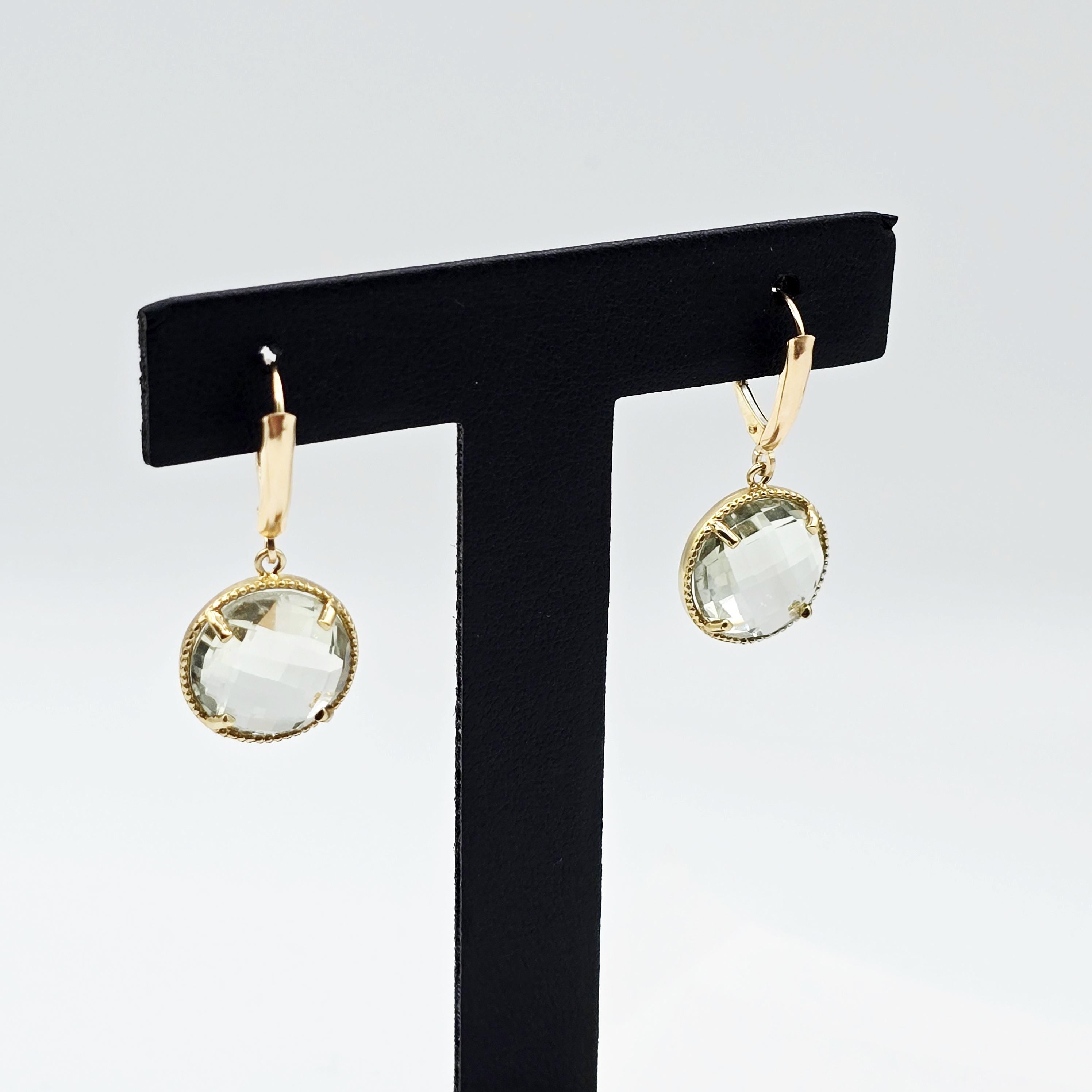 10K Yellow Gold Green Amethyst Dangle Earrings