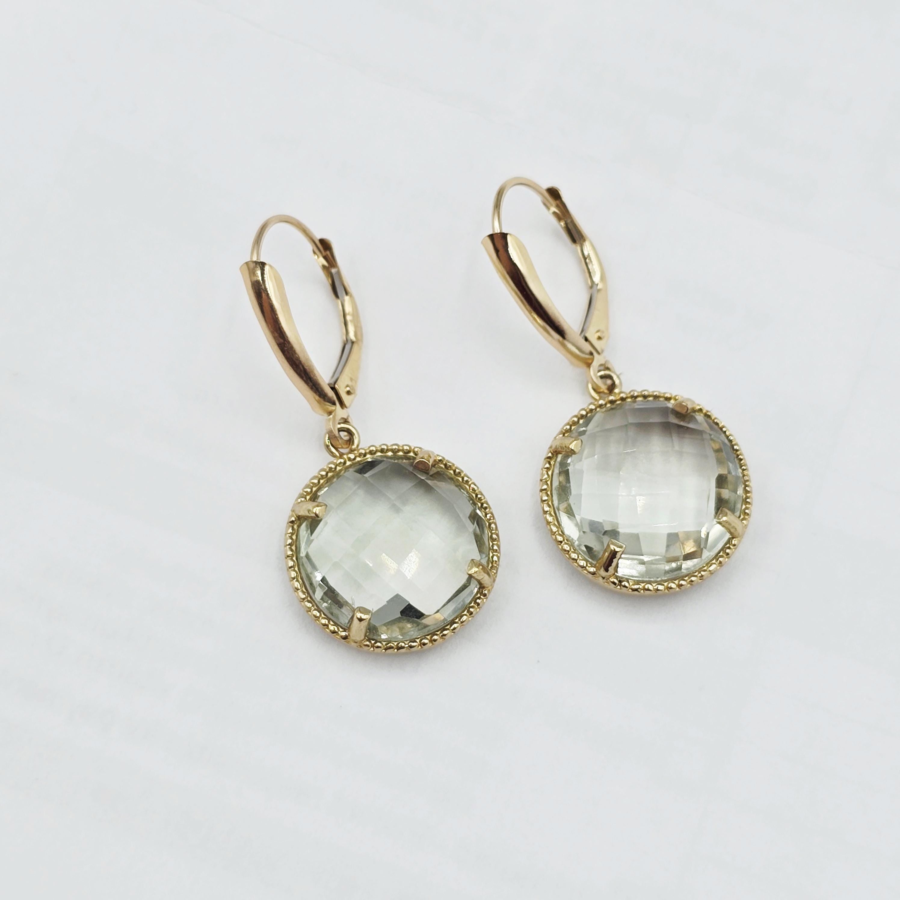 10K Yellow Gold Green Amethyst Dangle Earrings