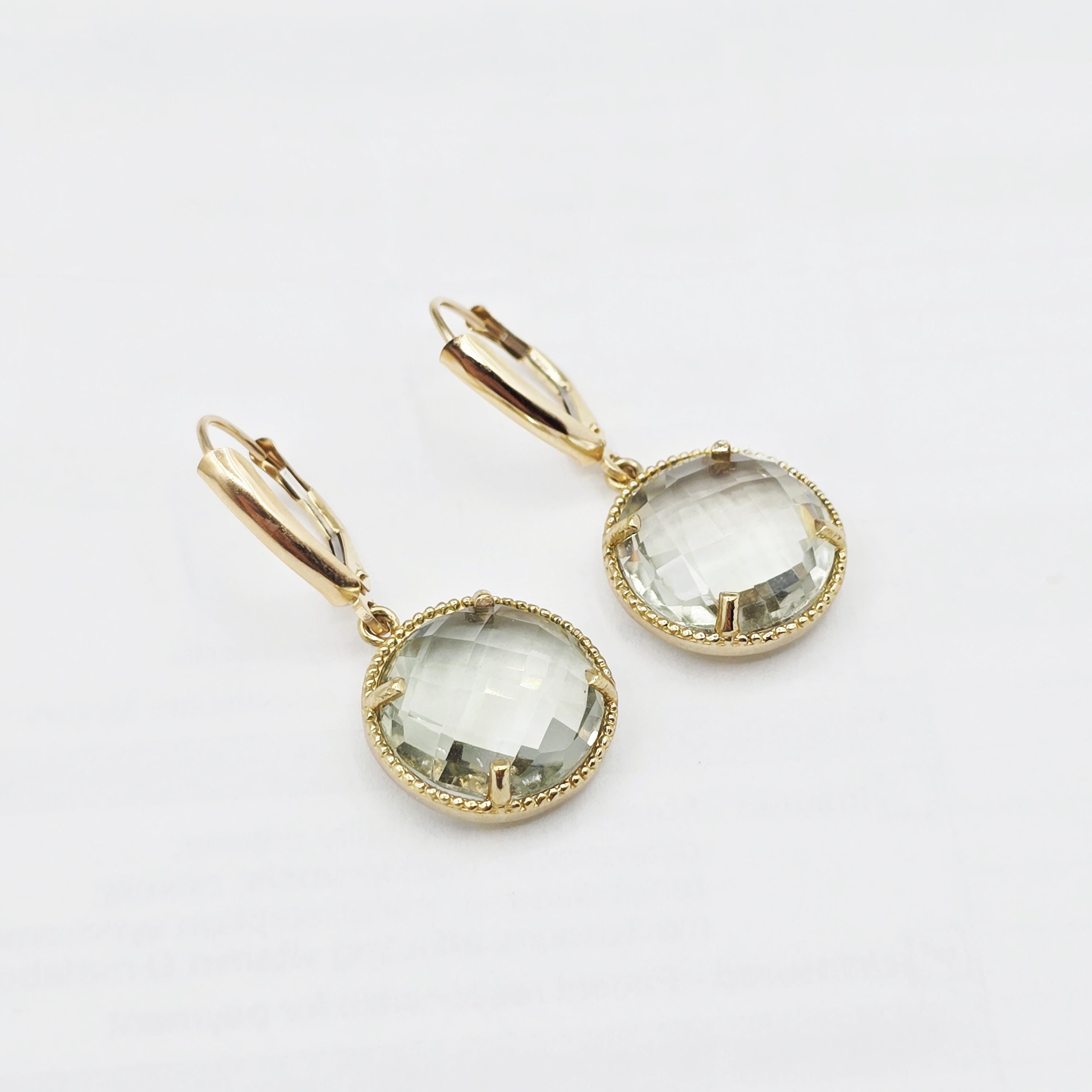 10K Yellow Gold Green Amethyst Dangle Earrings