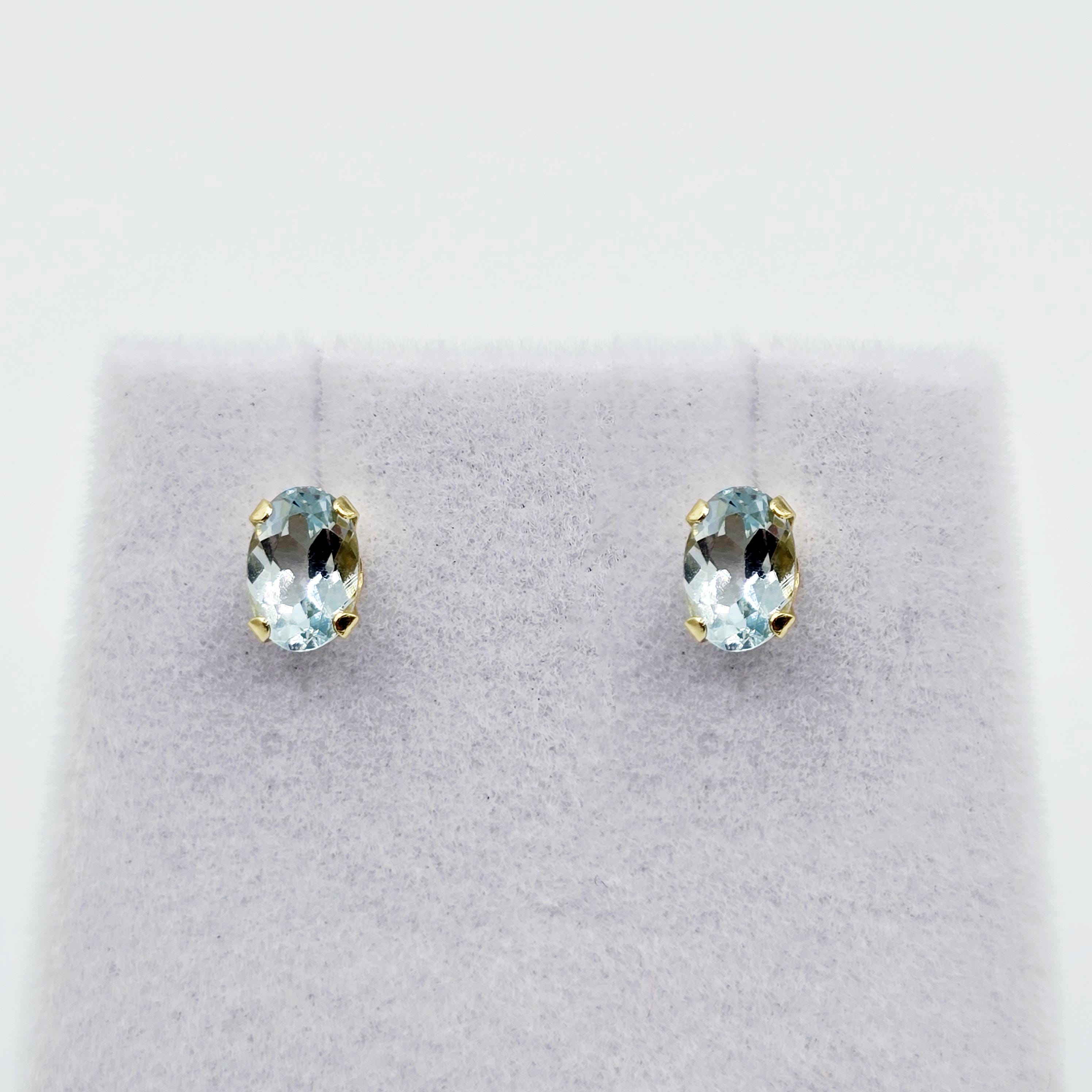 14K Yellow Gold Aquamarine Stud Earrings: Genuine Gemstone, March Birthstone