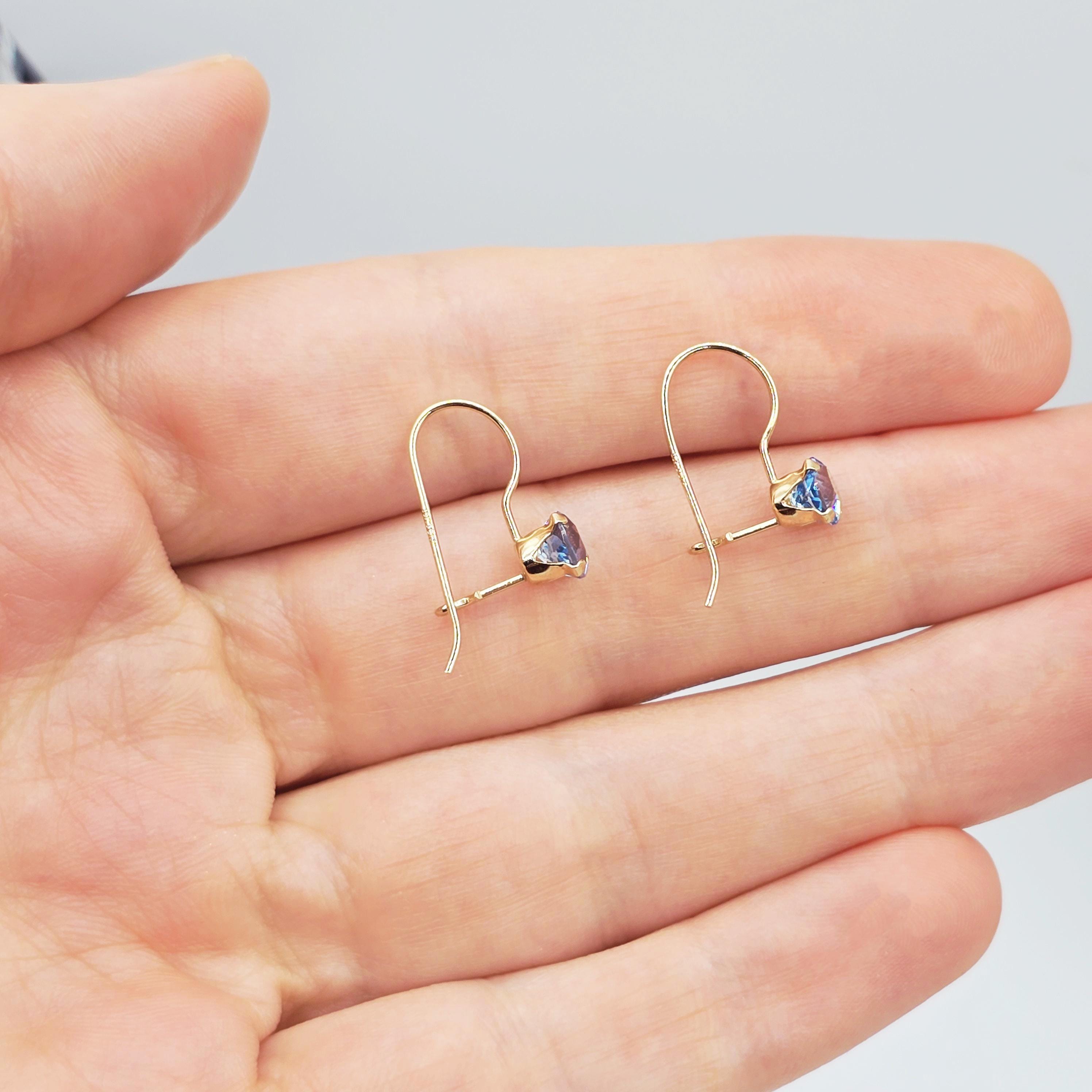10K Solid Gold Blue Topaz Drop Earrings: December Birthstone