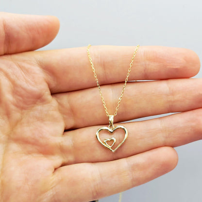 10K Yellow Gold Heart Pendant Necklace, Dainty Double Heart Charm