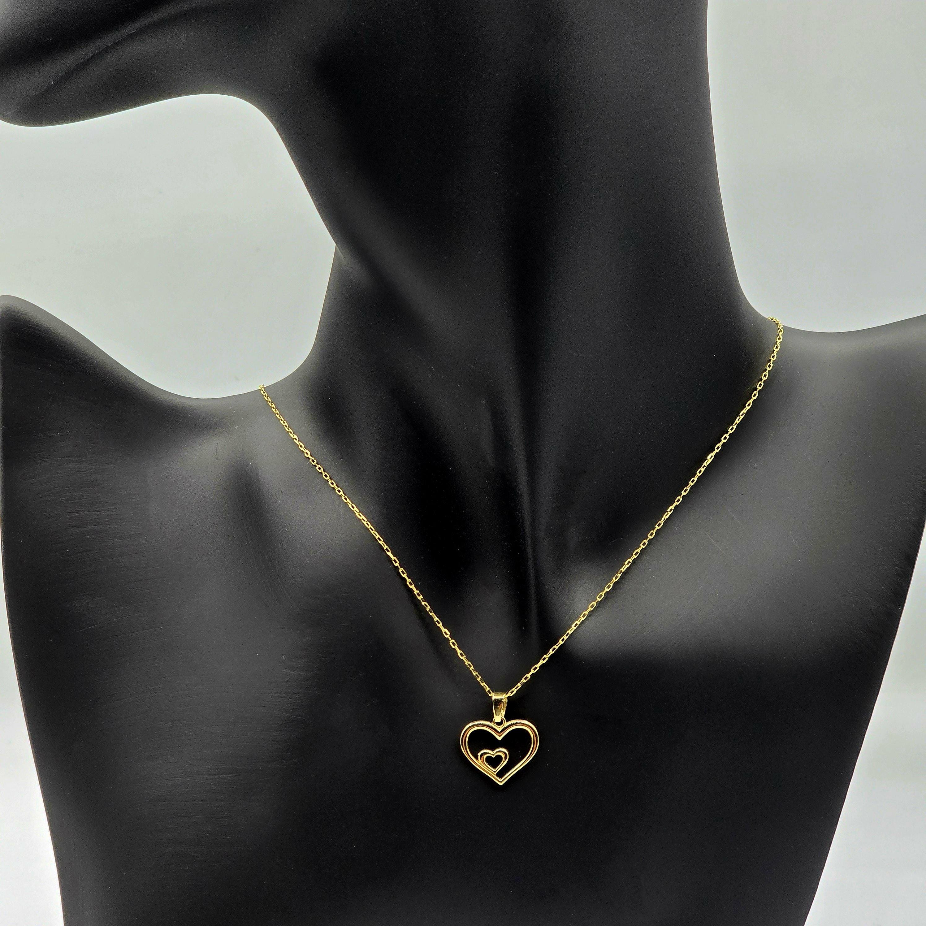 10K Yellow Gold Heart Pendant Necklace, Dainty Double Heart Charm