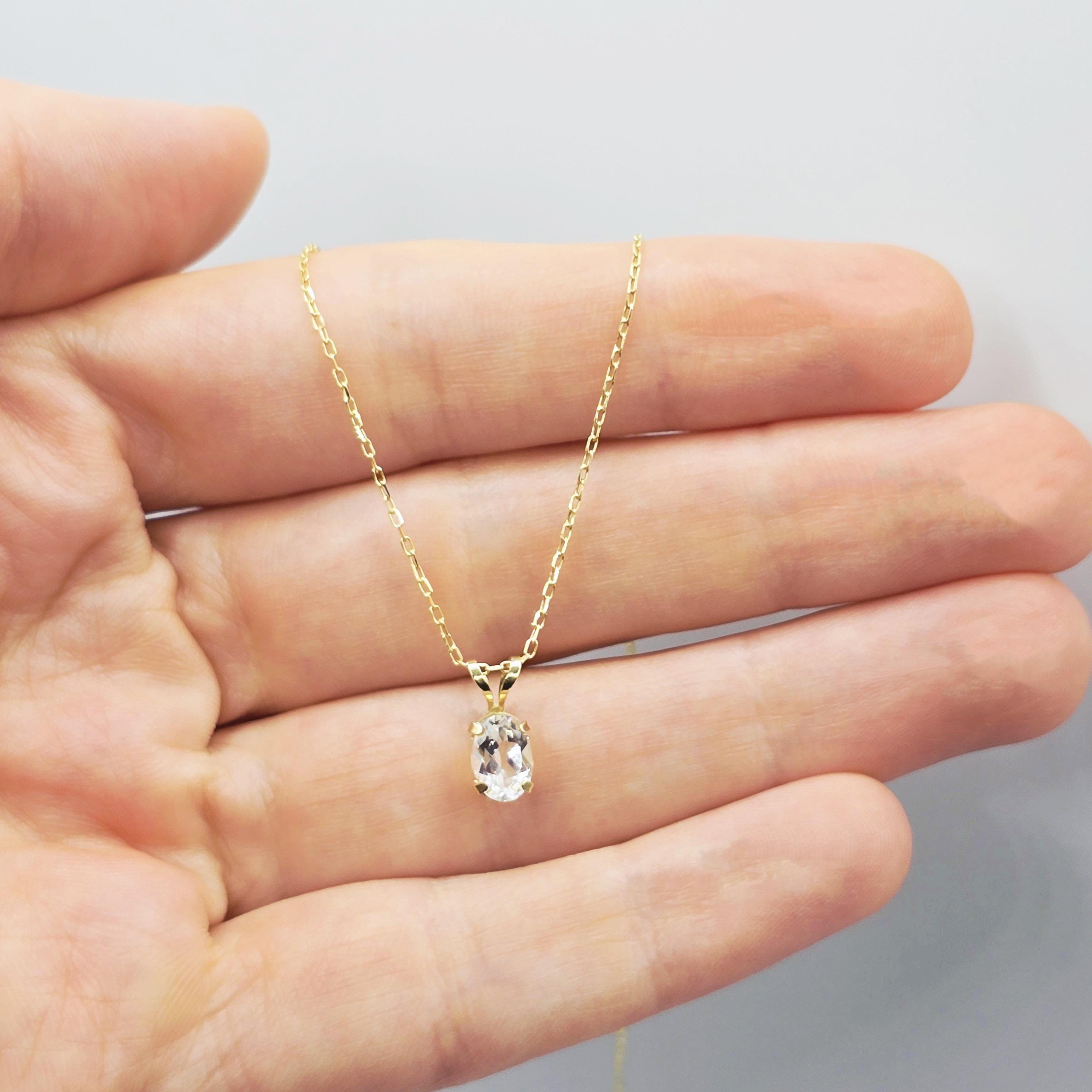 14K Solid Gold Genuine White Topaz 7x5mm Pendant