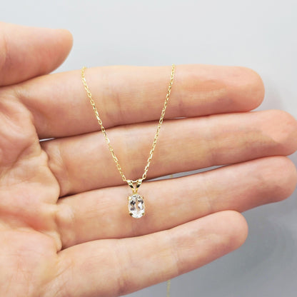 14K Solid Gold Genuine White Topaz 7x5mm Pendant