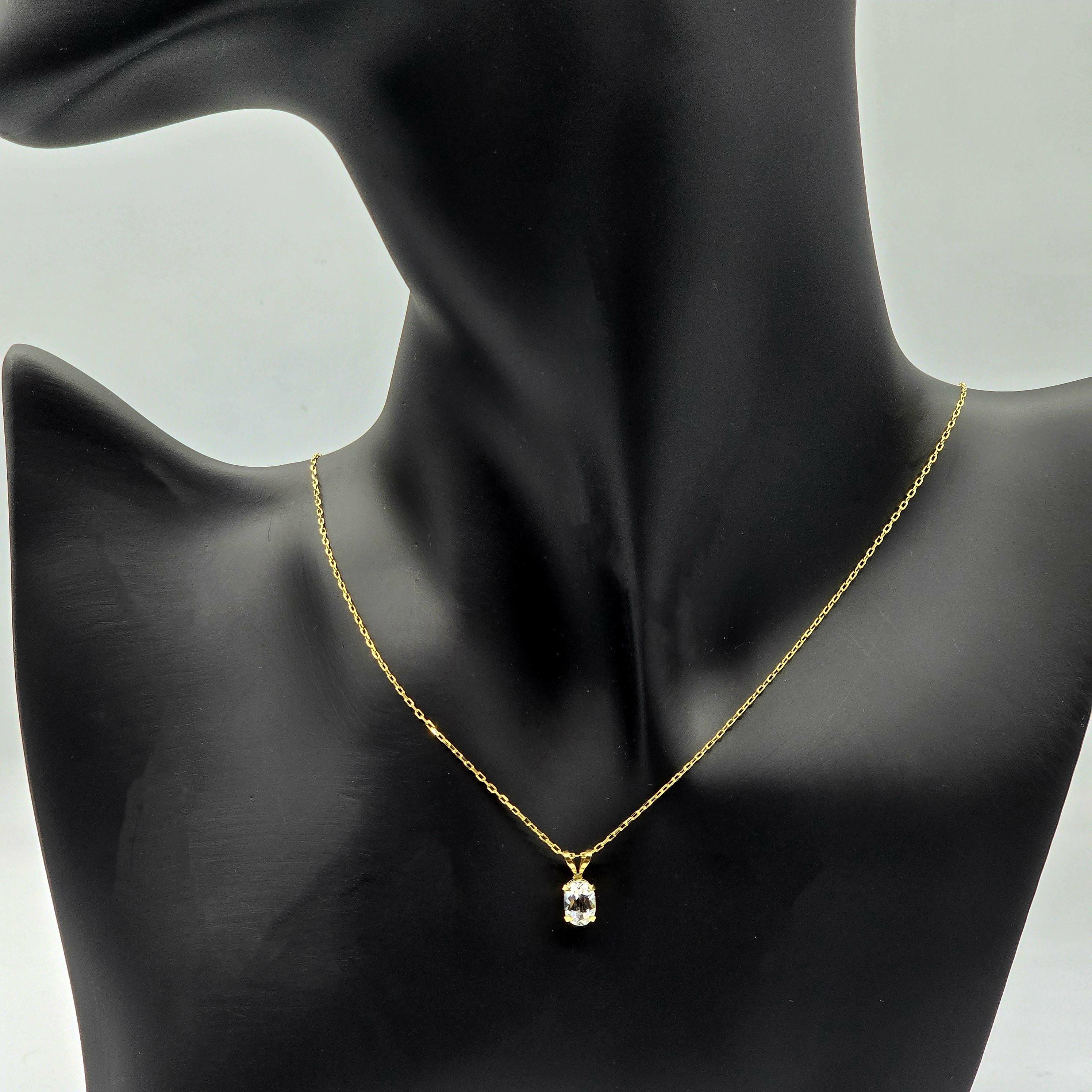 14K Solid Gold Genuine White Topaz 7x5mm Pendant