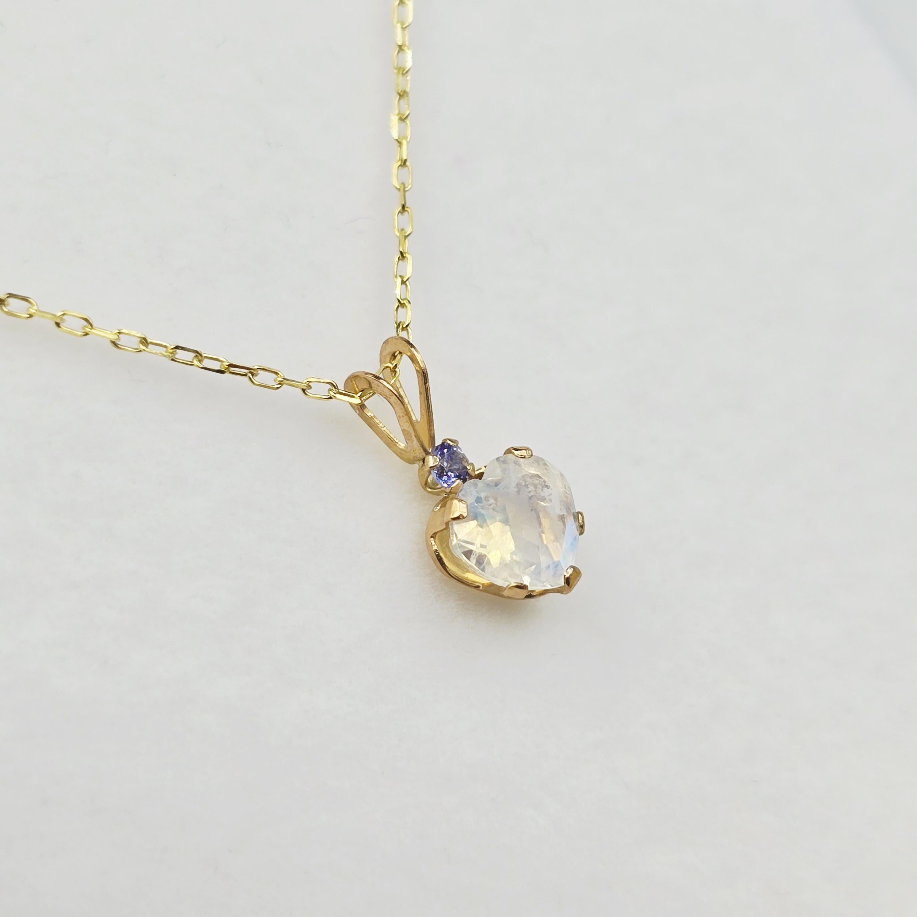 10K Yellow Gold Moonstone 6x6mm Heart Pendant Necklace: Tanzanite Accent