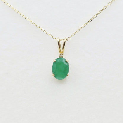10K Yellow Gold Emerald Pendant Necklace, May Birthstone 8x6mm