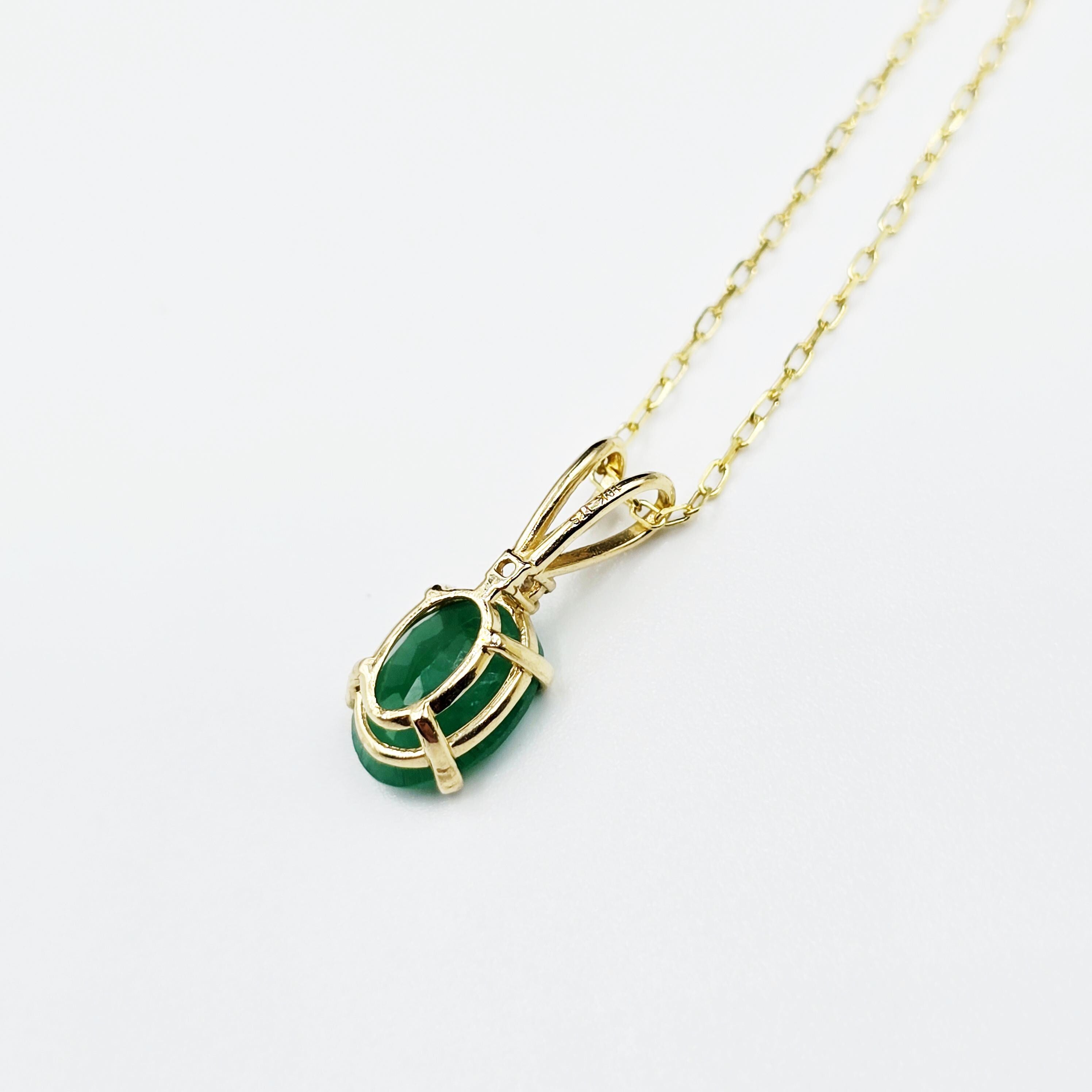 10K Yellow Gold Emerald Pendant Necklace, May Birthstone 8x6mm