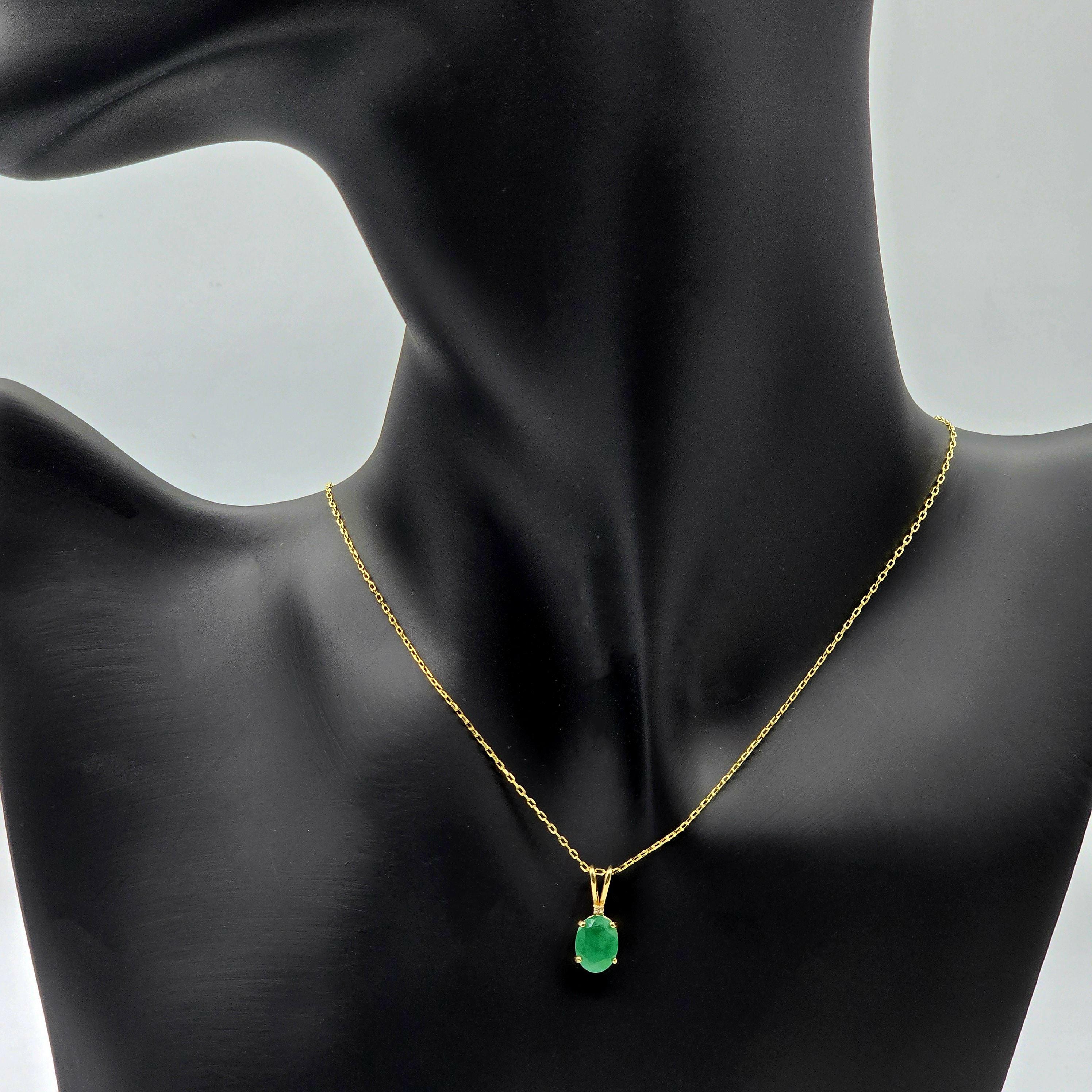10K Yellow Gold Emerald Pendant Necklace, May Birthstone 8x6mm