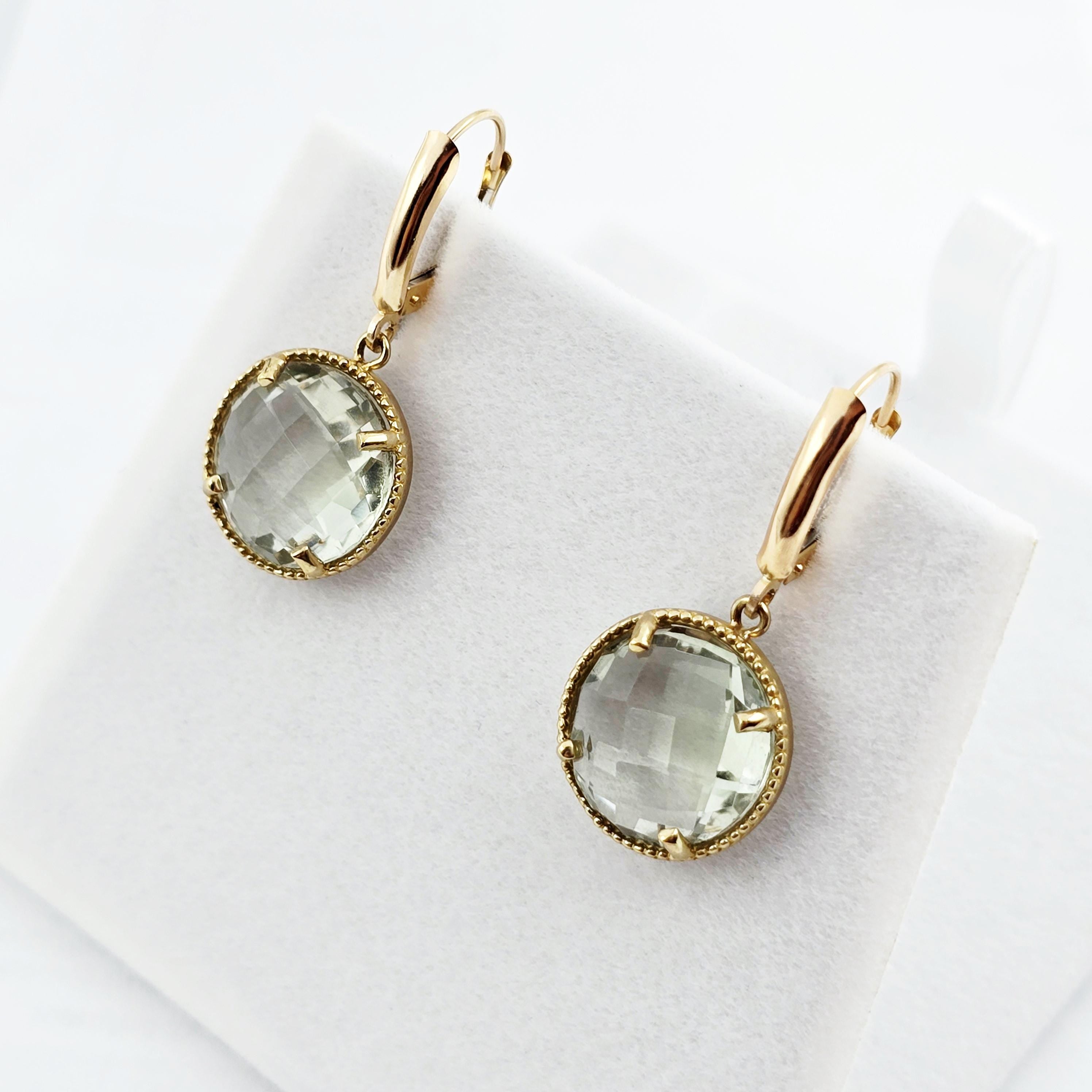 10K Yellow Gold Green Amethyst Dangle Earrings