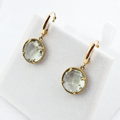 10K Yellow Gold Green Amethyst Dangle Earrings