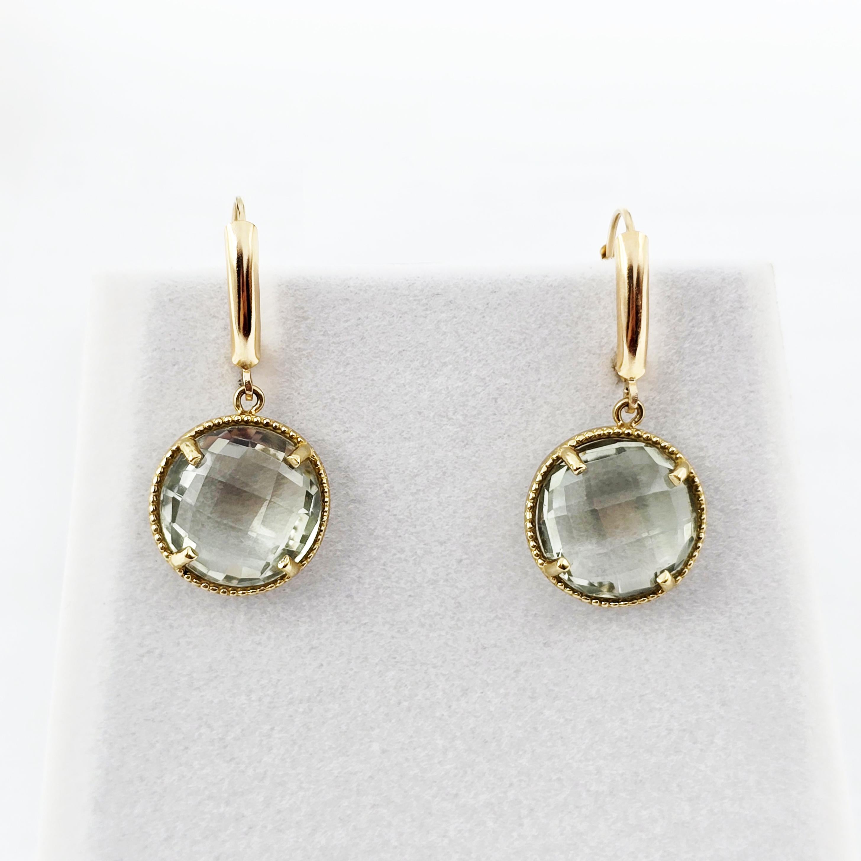 10K Yellow Gold Green Amethyst Dangle Earrings