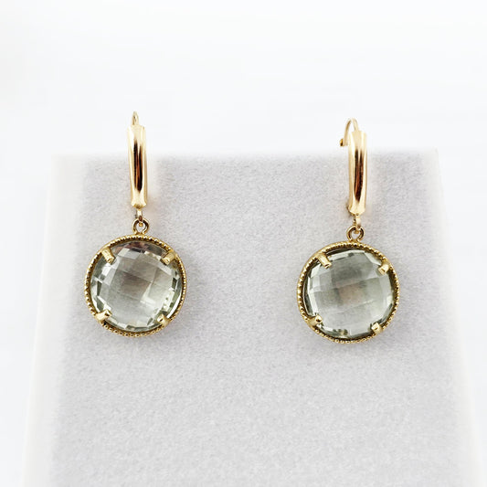 10K Yellow Gold Green Amethyst Dangle Earrings