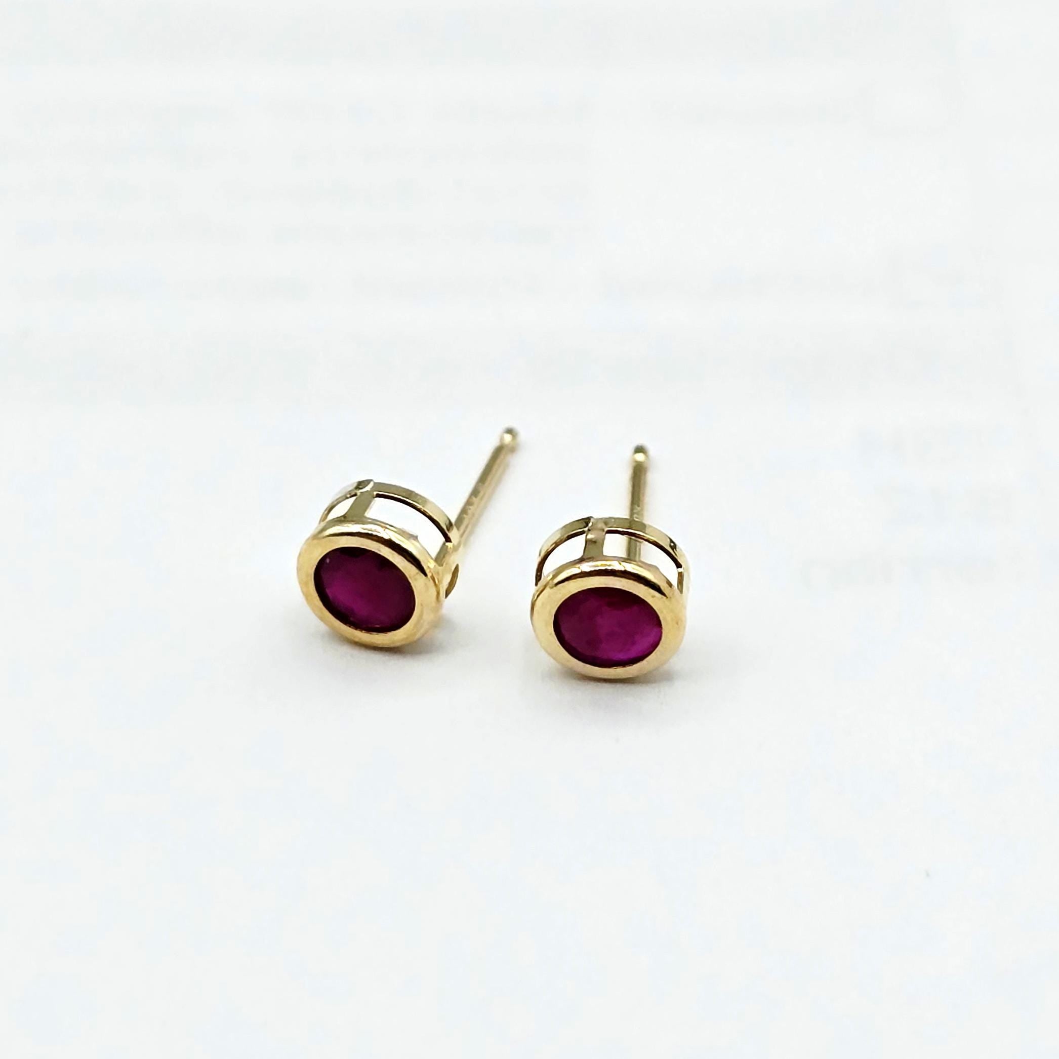 14K Yellow Gold Ruby Stud Earrings: July Birthstone Dainty Bezel Set