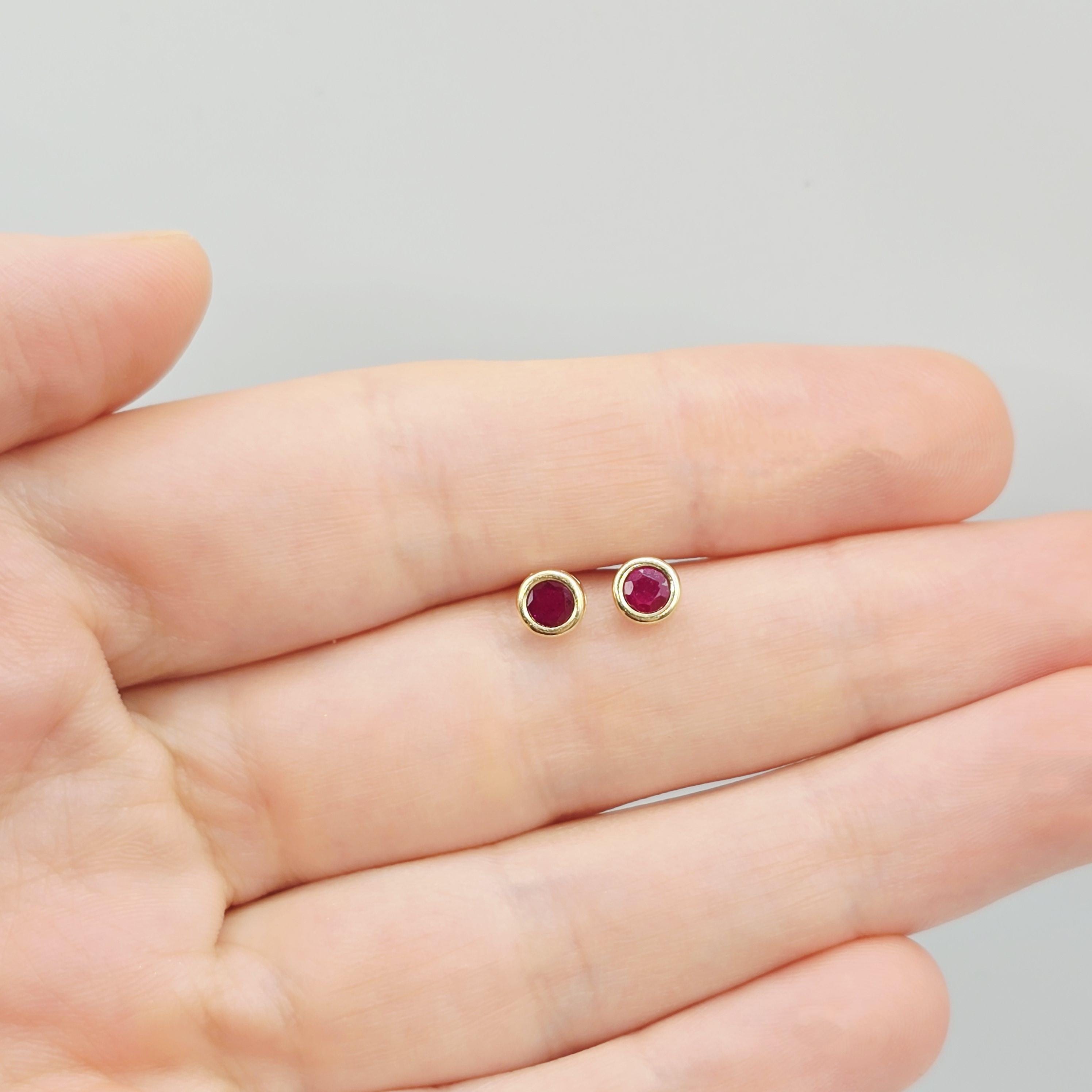 14K Yellow Gold Ruby Stud Earrings: July Birthstone Dainty Bezel Set