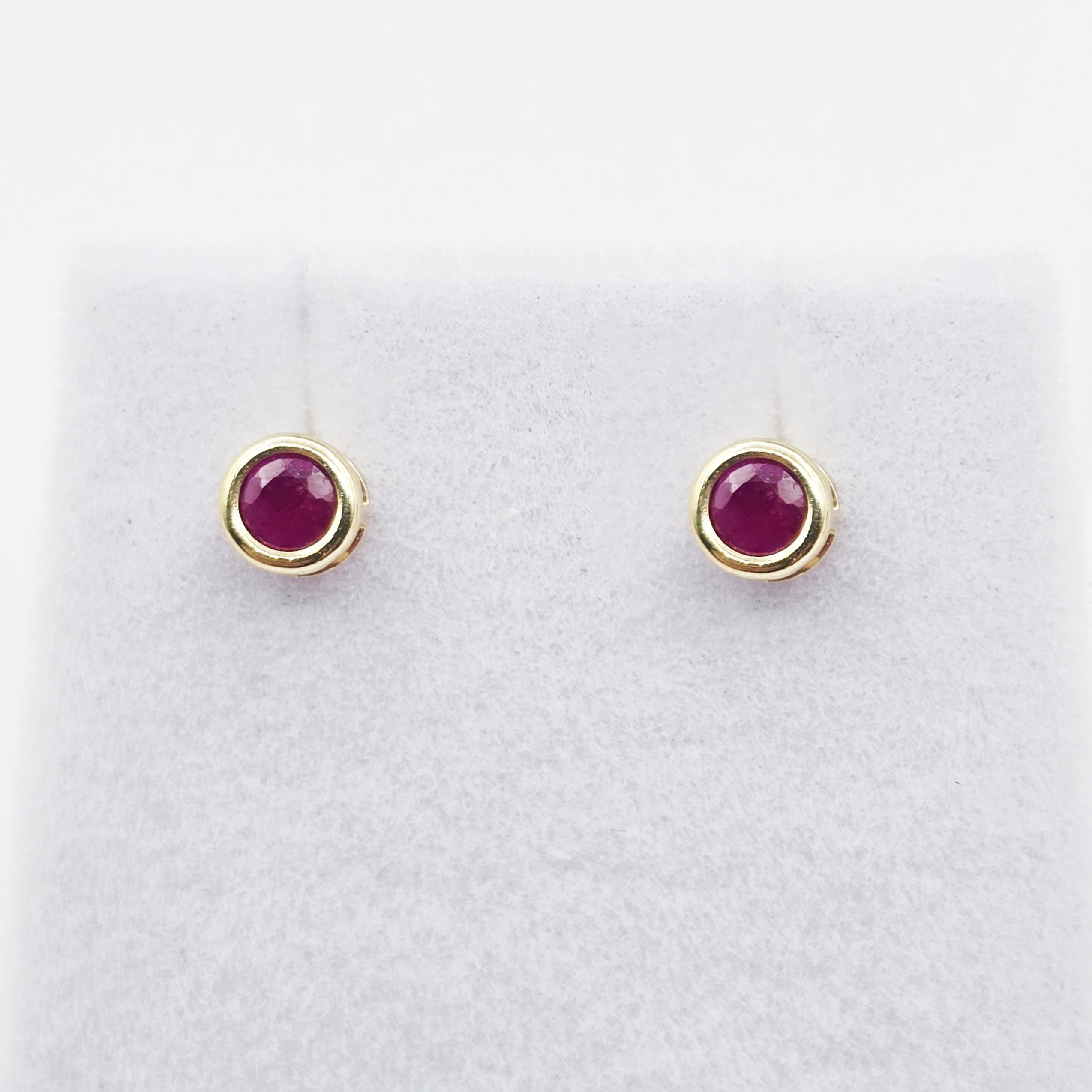 14K Yellow Gold Ruby Stud Earrings: July Birthstone Dainty Bezel Set
