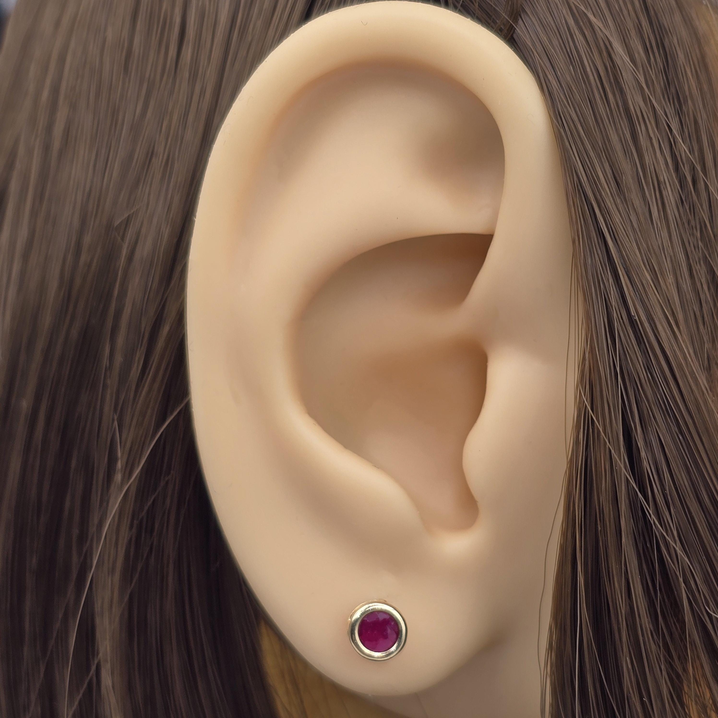 14K Yellow Gold Ruby Stud Earrings: July Birthstone Dainty Bezel Set