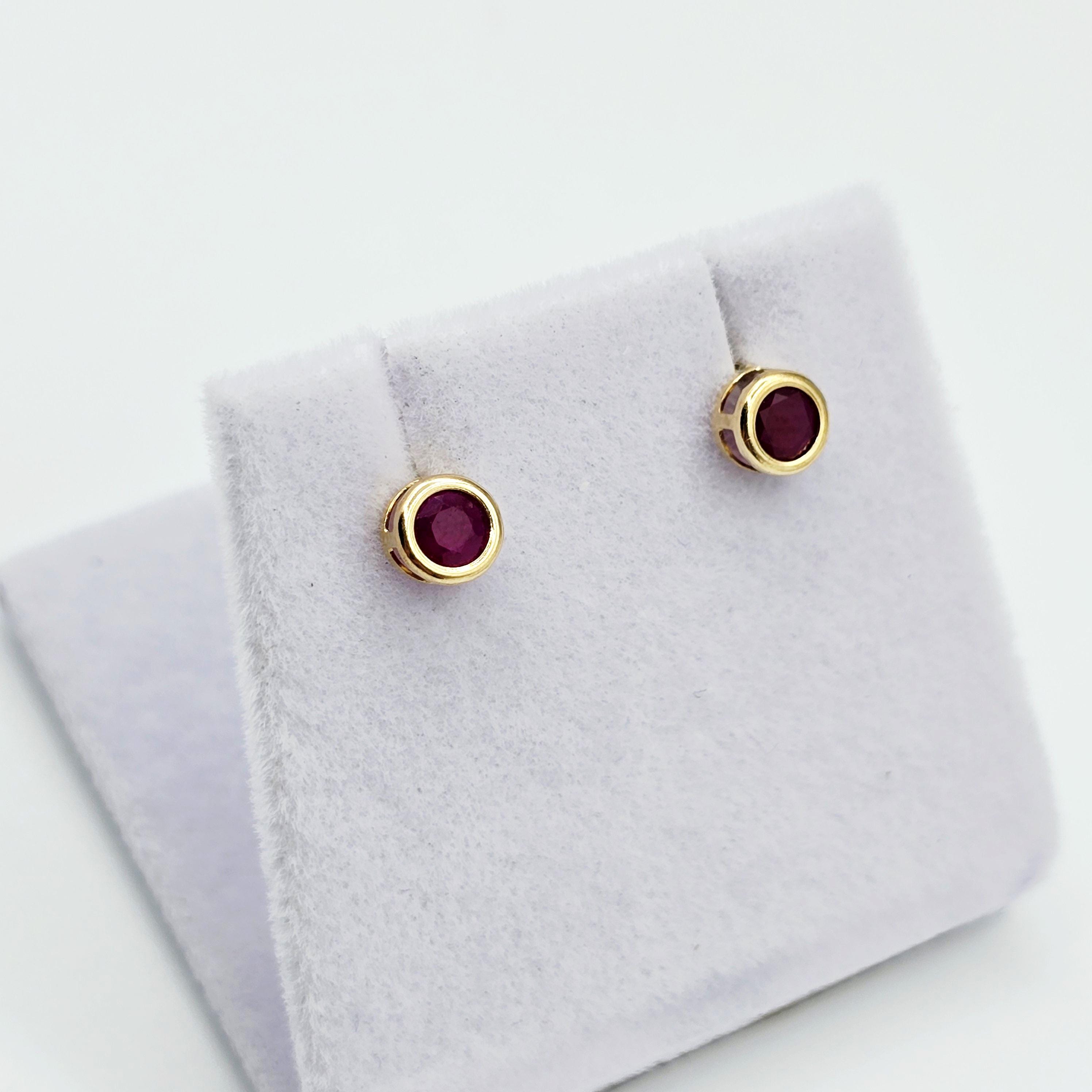 14K Yellow Gold Ruby Stud Earrings: July Birthstone Dainty Bezel Set