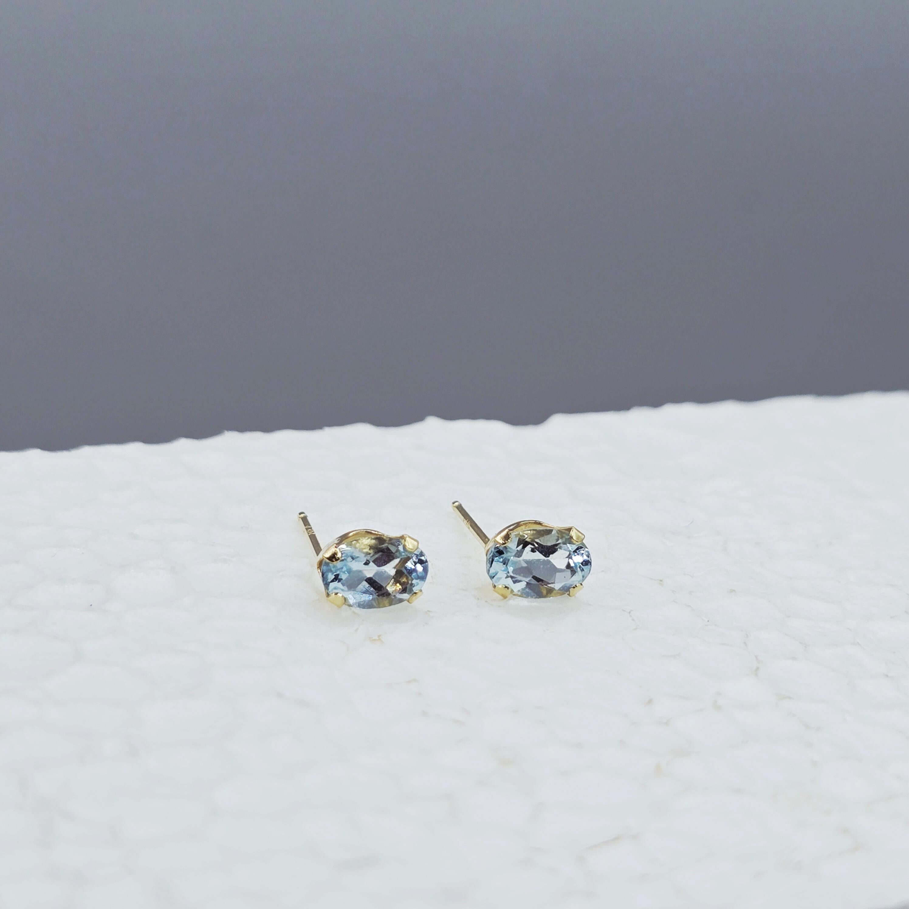 14K Yellow Gold Aquamarine Stud Earrings: Genuine Gemstone, March Birthstone