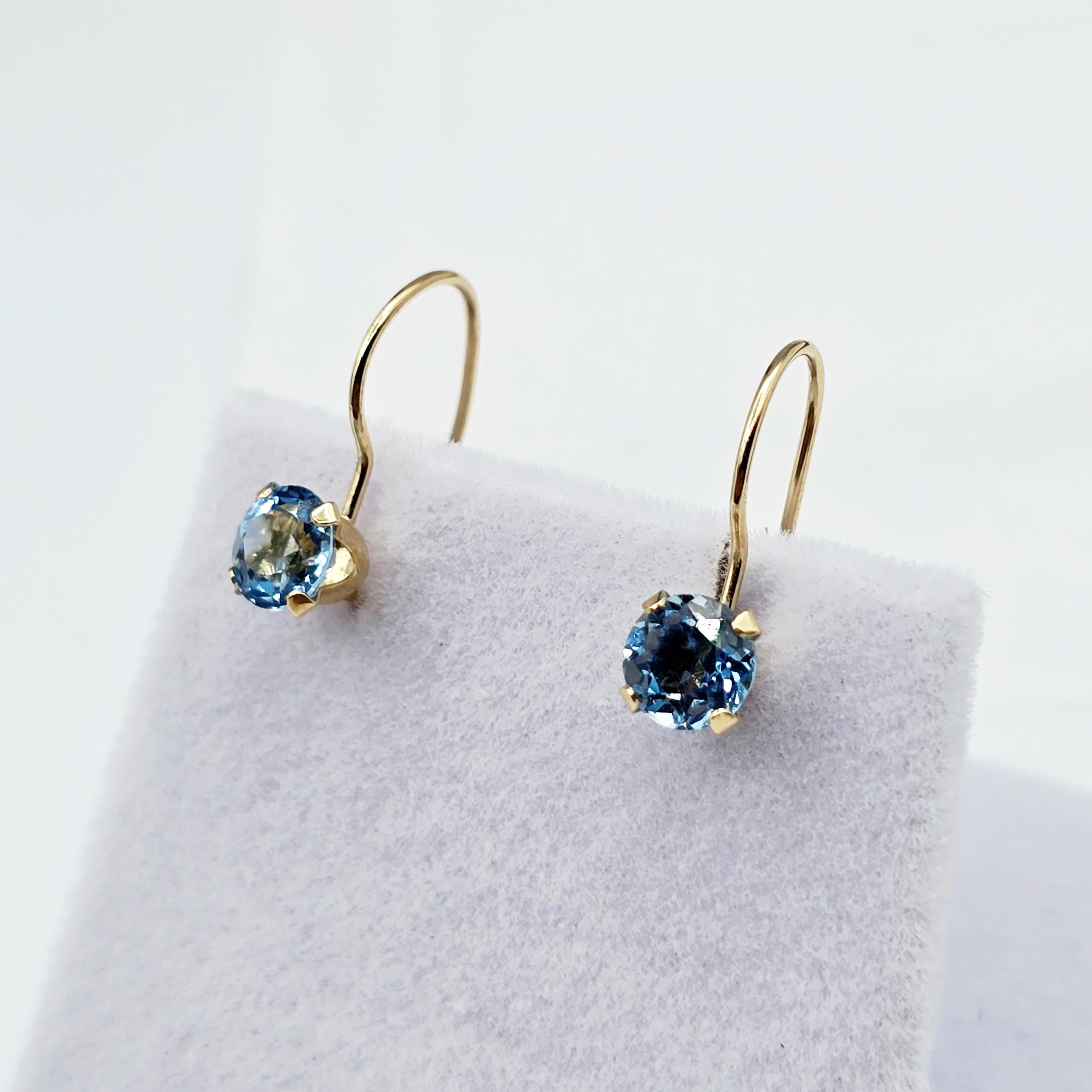 10K Solid Gold Blue Topaz Drop Earrings: December Birthstone