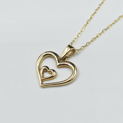 10K Yellow Gold Heart Pendant Necklace, Dainty Double Heart Charm