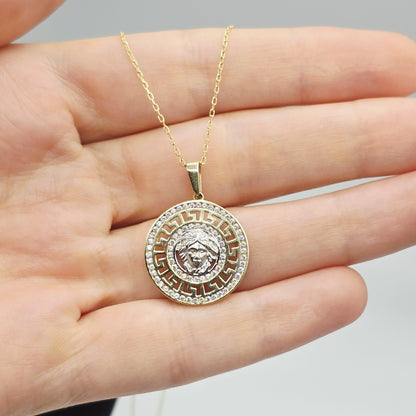 10K Yellow Gold Medusa Pendant Necklace, Cubic Zirconia