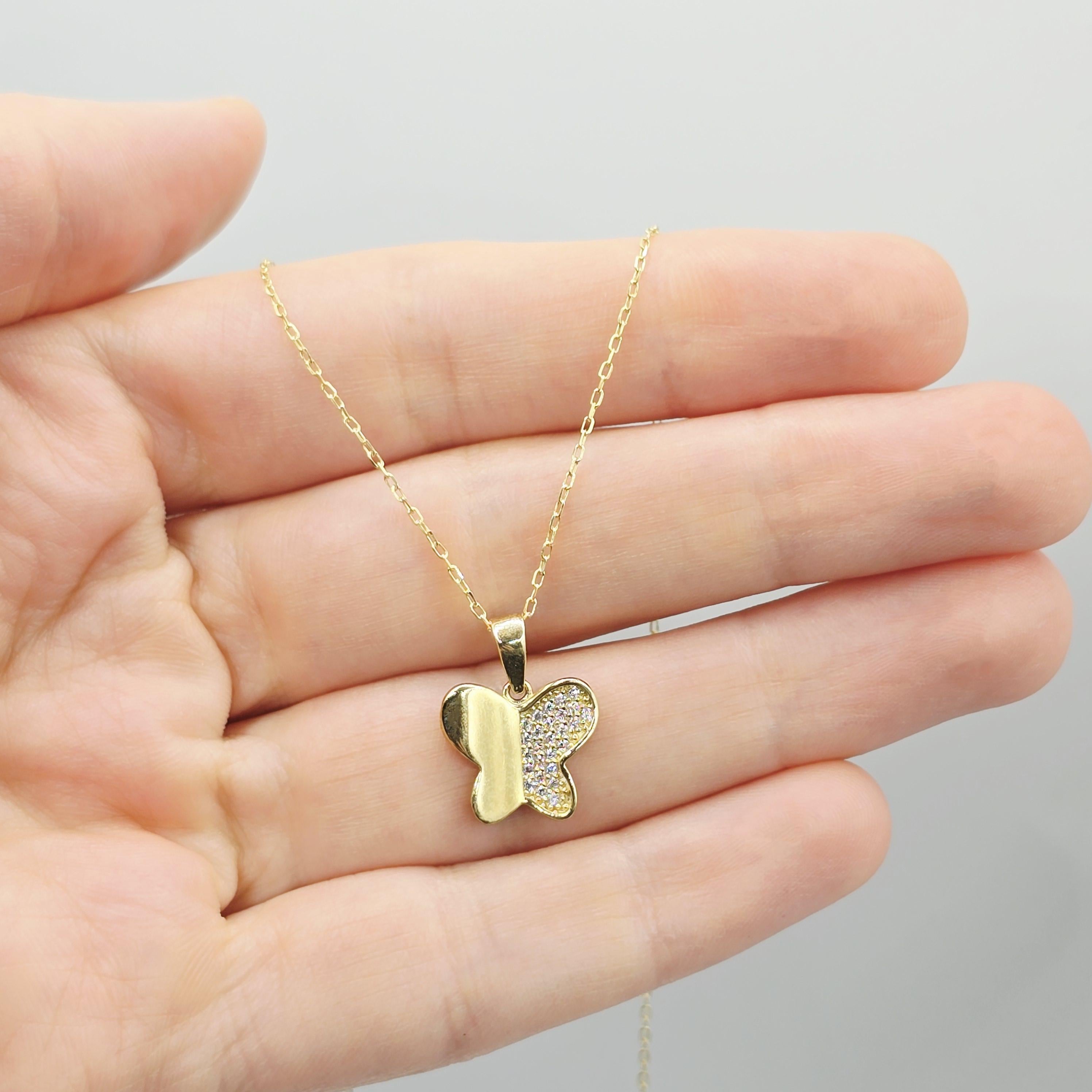 10K Yellow Gold Butterfly Pendant Necklace, Cubic Zirconia Accent