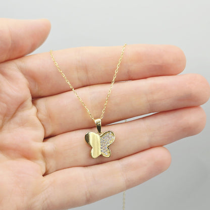 10K Yellow Gold Butterfly Pendant Necklace, Cubic Zirconia Accent
