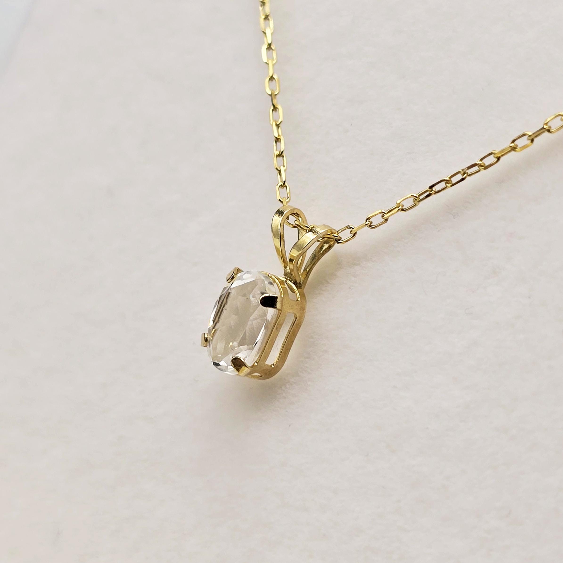 14K Solid Gold Genuine White Topaz 7x5mm Pendant