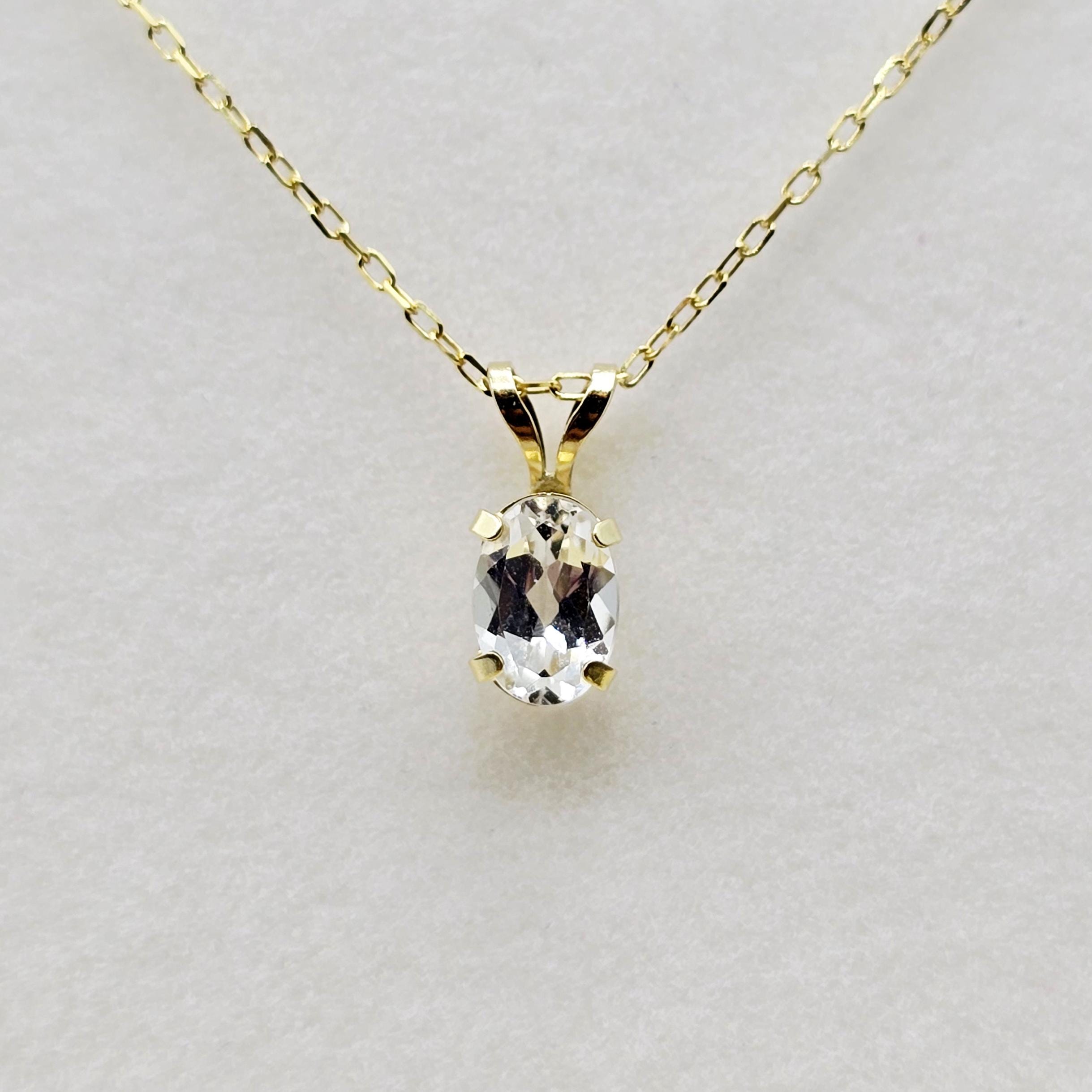 14K Solid Gold Genuine White Topaz 7x5mm Pendant
