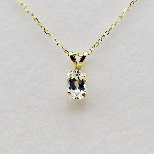 14K Solid Gold Genuine White Topaz 7x5mm Pendant
