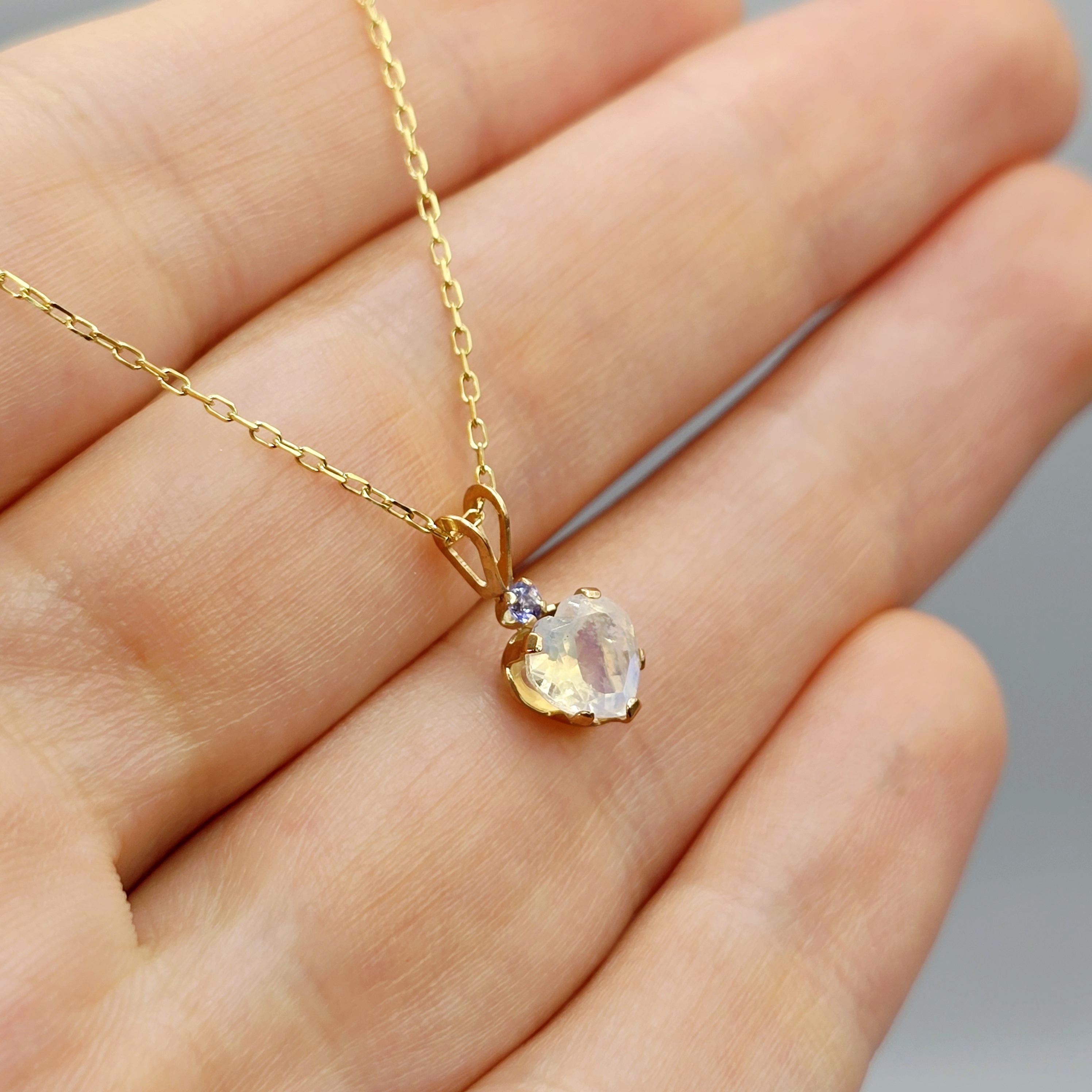 10K Yellow Gold Moonstone 6x6mm Heart Pendant Necklace: Tanzanite Accent