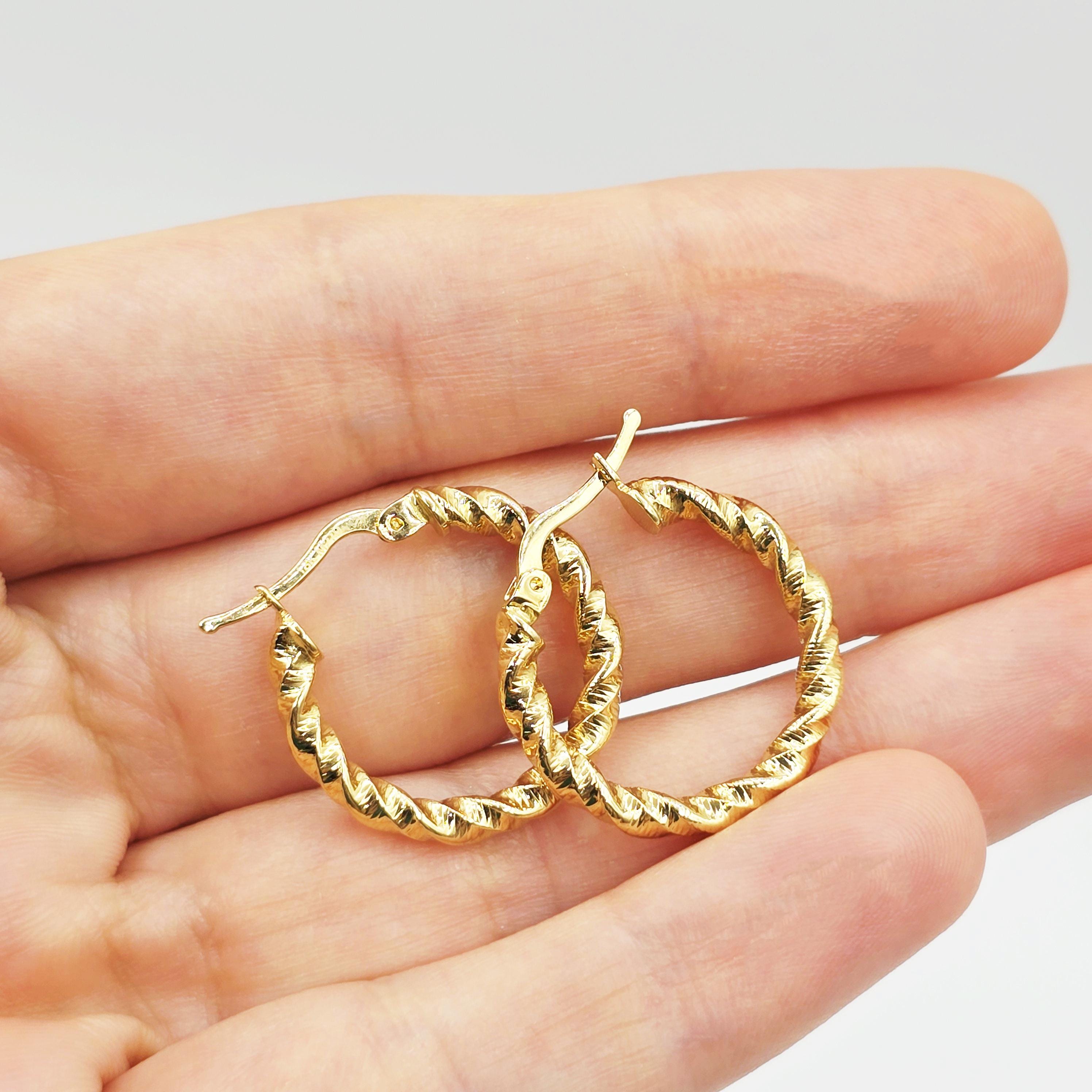 18K Solid Gold Twisted Rope Hoop Earrings - 21mm Fine Jewelry
