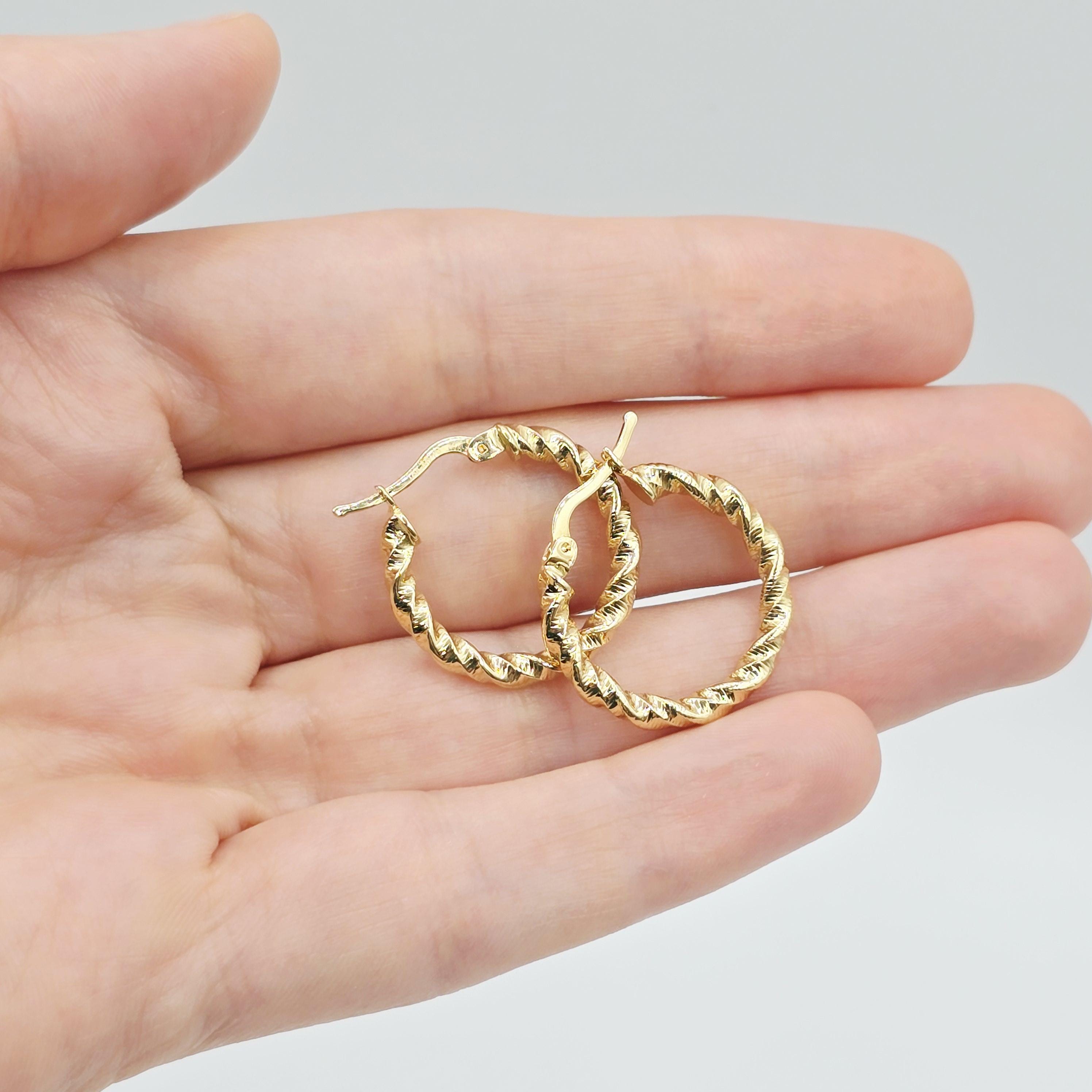 18K Solid Gold Twisted Rope Hoop Earrings - 21mm Fine Jewelry