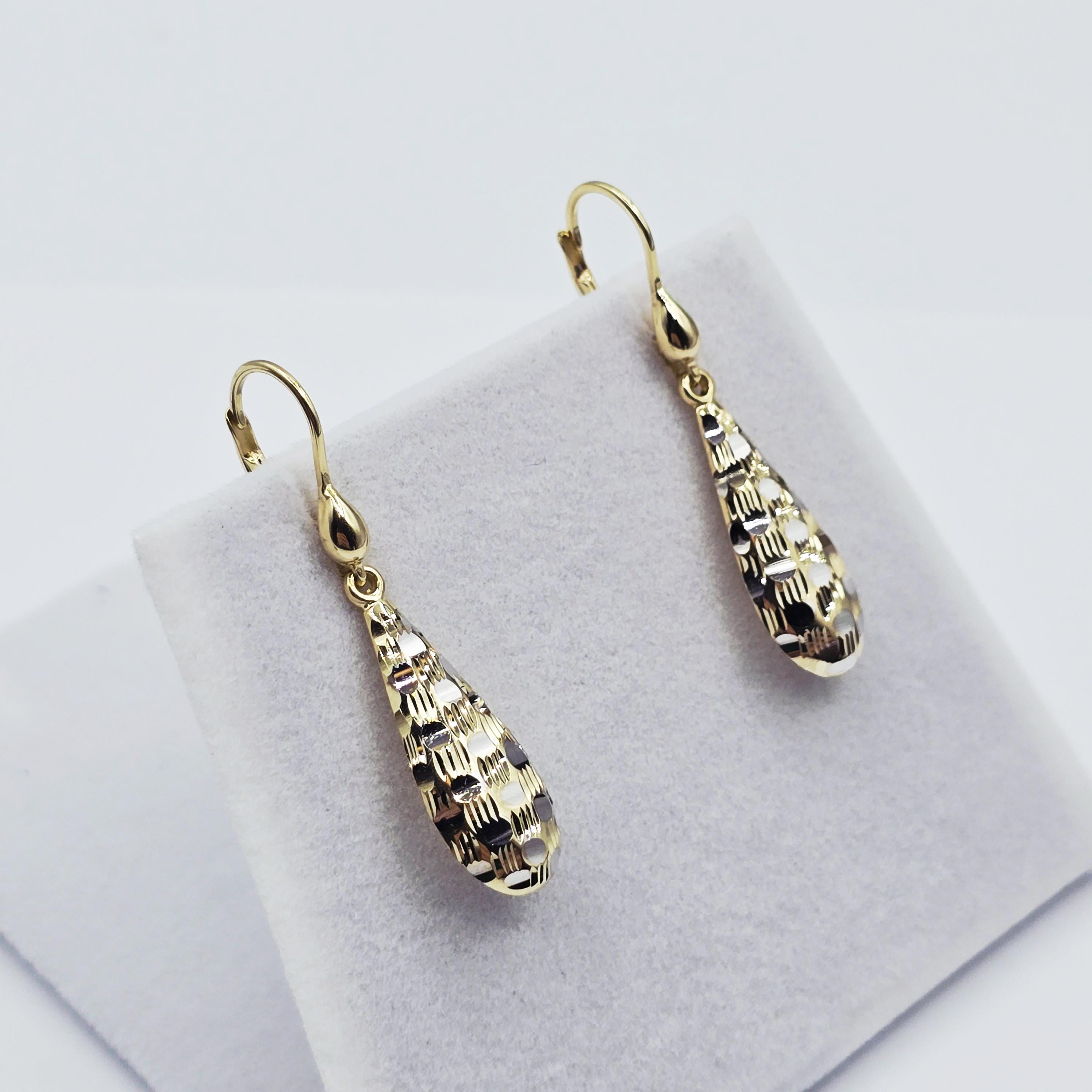 Two-Tone 10K Gold Teardrop Earrings: Yellow & White Gold Dangle