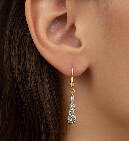 10K Solid Gold Two-Tone Drop Earrings: Yellow & White Gold Lever Backs