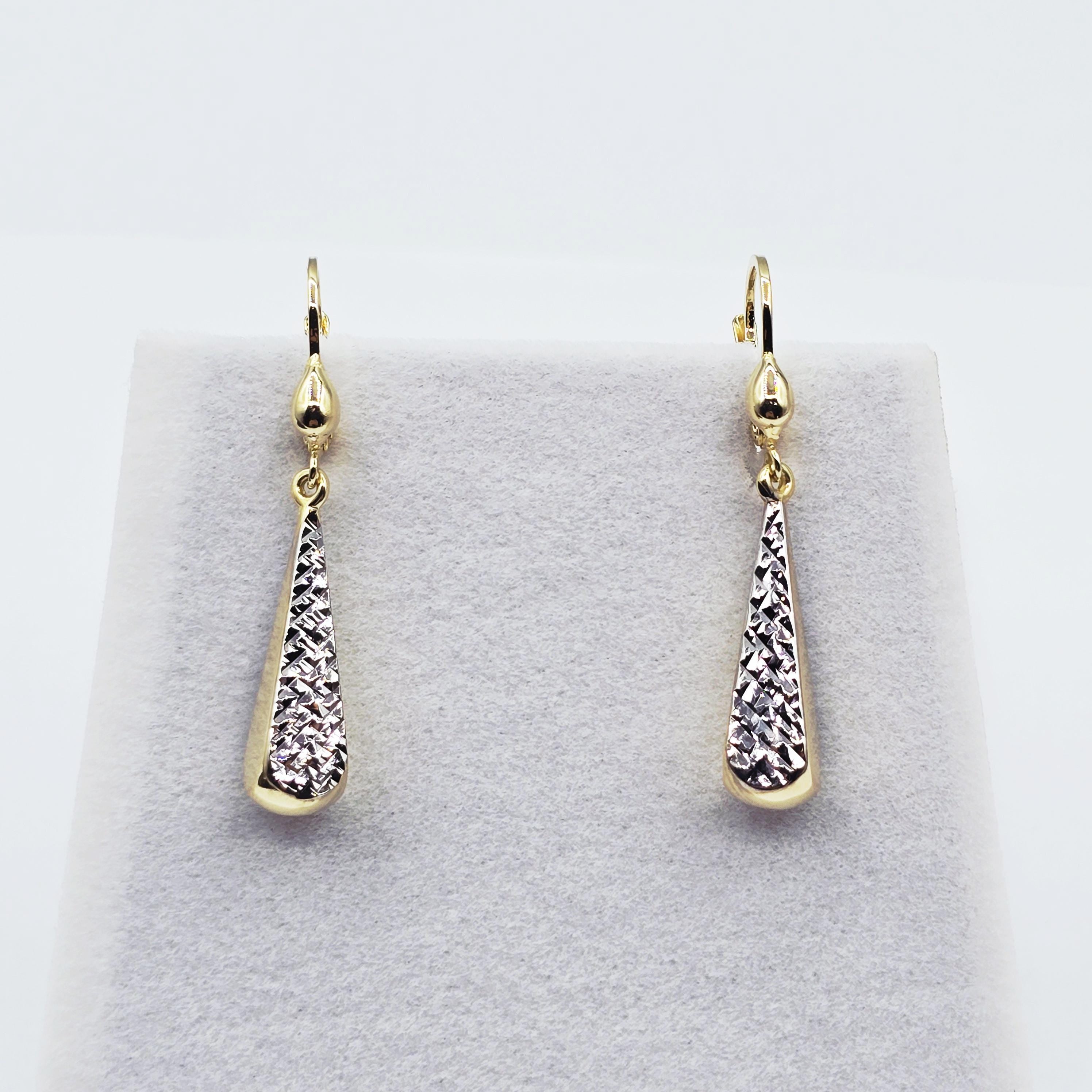 10K Solid Gold Two-Tone Drop Earrings: Yellow & White Gold Lever Backs
