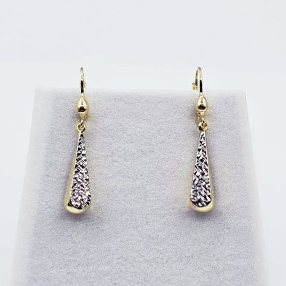 10K Solid Gold Two-Tone Drop Earrings: Yellow & White Gold Lever Backs