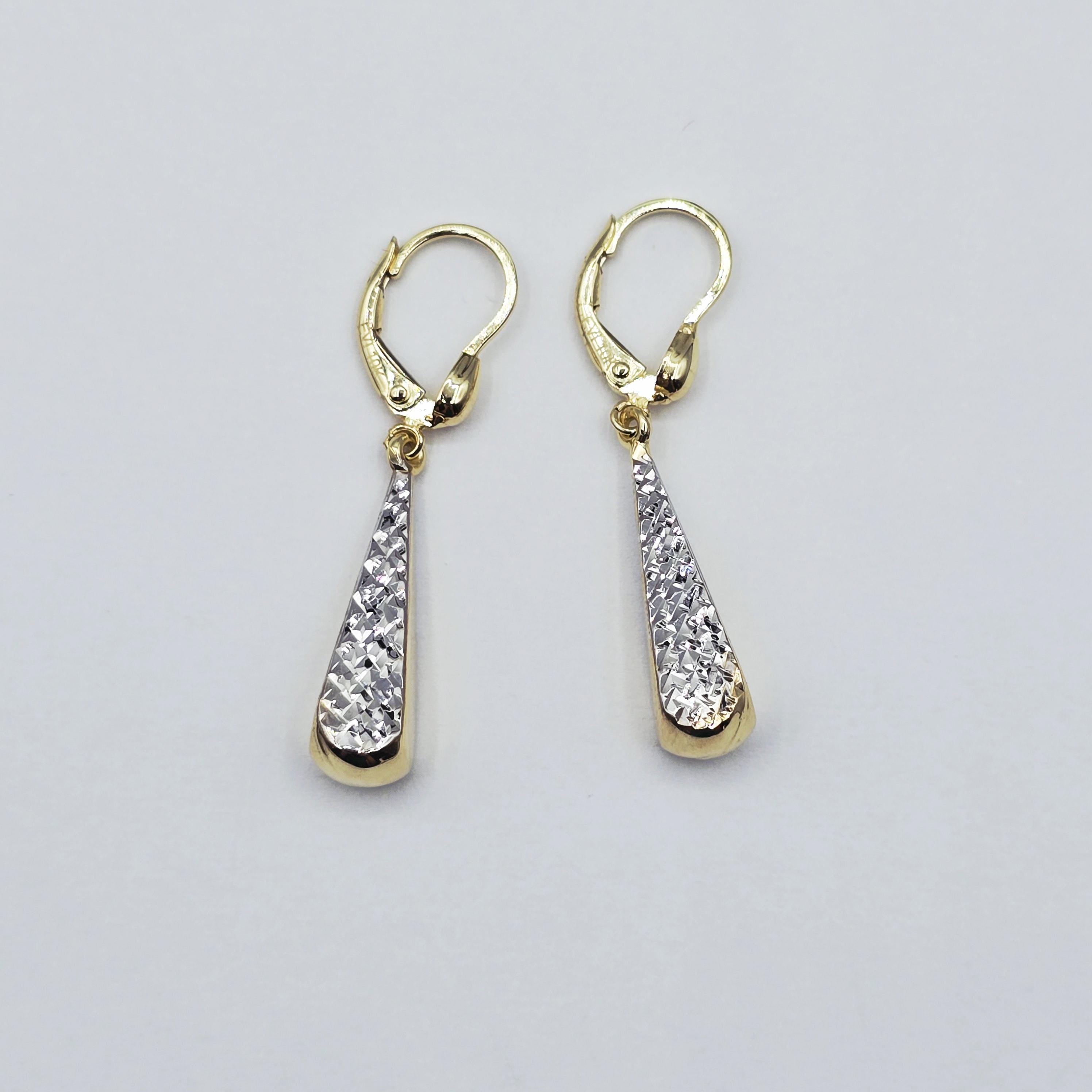 10K Solid Gold Two-Tone Drop Earrings: Yellow & White Gold Lever Backs