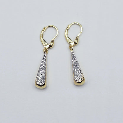 10K Solid Gold Two-Tone Drop Earrings: Yellow & White Gold Lever Backs