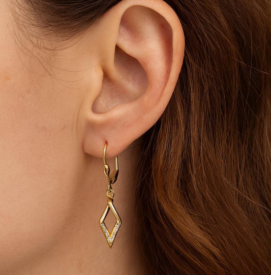 10K Yellow Gold Dangle Earrings: Cubic Zirconia Leverback Drop