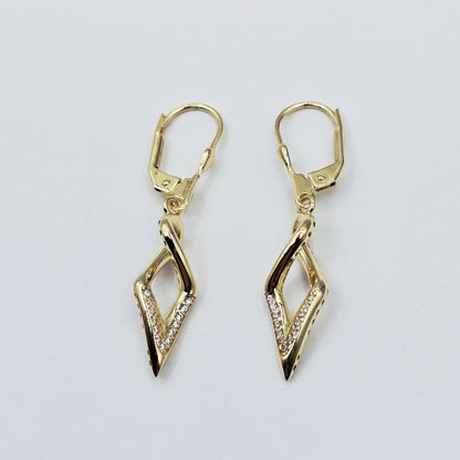 10K Yellow Gold Dangle Earrings: Cubic Zirconia Leverback Drop